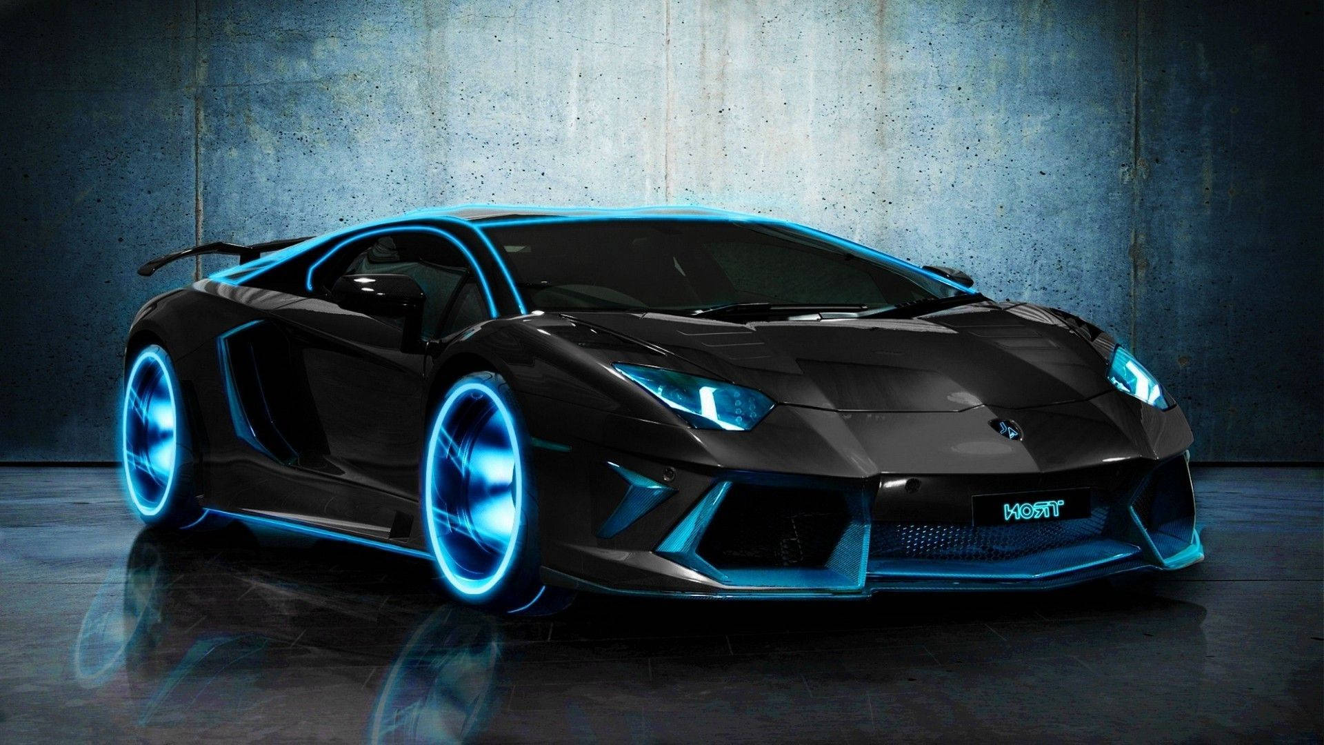 Black Lamborghini, glowing blue accents, rims, Full HD Desktop Wallpaper