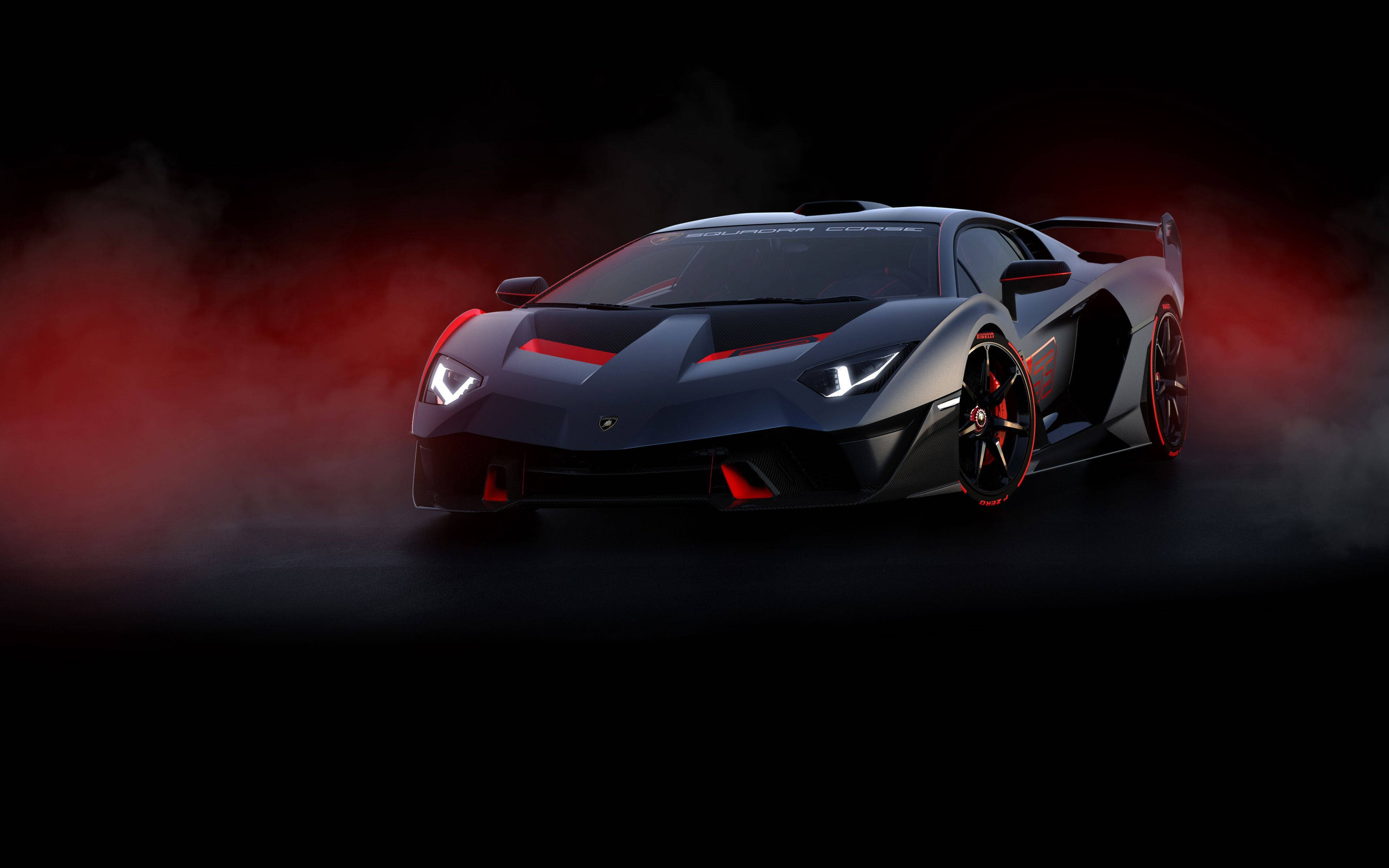 Lamborghini, sleek black, red accents, 4K Desktop Wallpaper