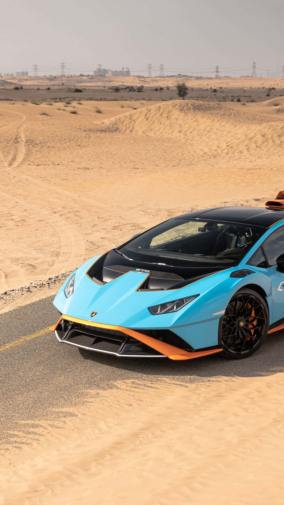 Blue Lamborghini, desert road, sand dunes, Full HD Phone Wallpaper