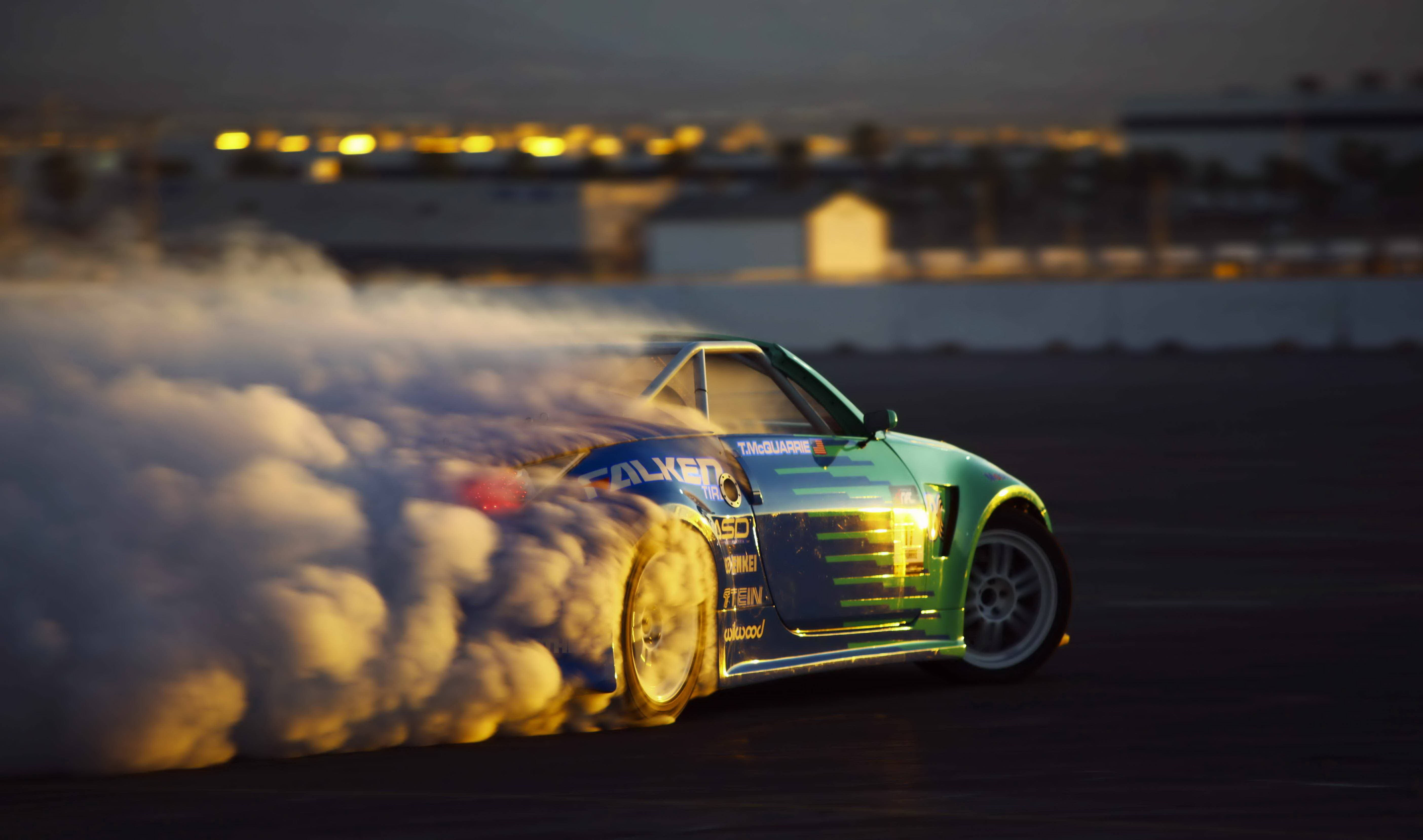 teal drift car, dark track, twilight, 5K Desktop Wallpaper