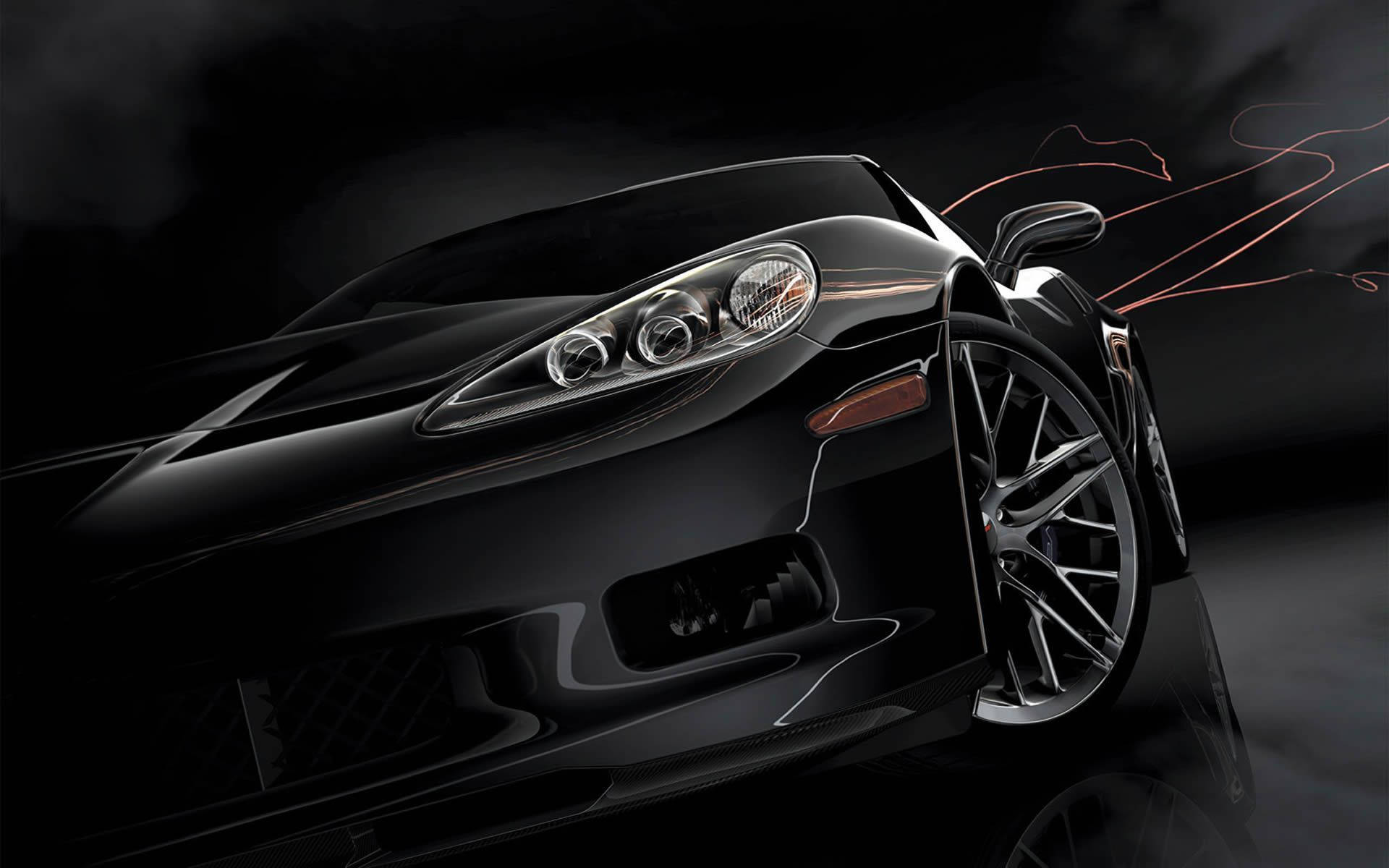 black sports car, glowing orange motion trails, aerodynamic form, Full HD Desktop Wallpaper