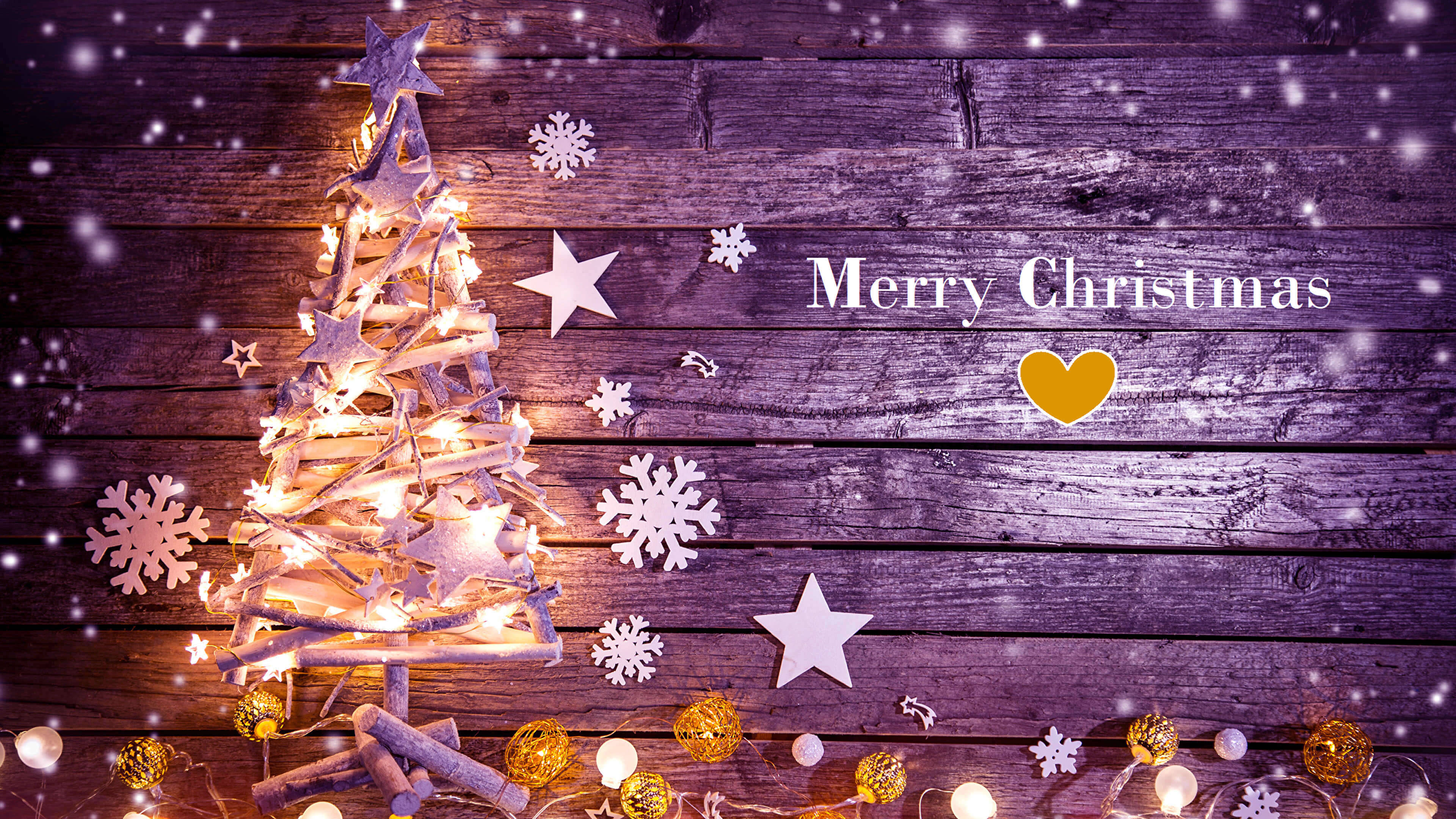 twig Christmas tree, fairy lights, paper snowflakes, 4K Desktop Wallpaper