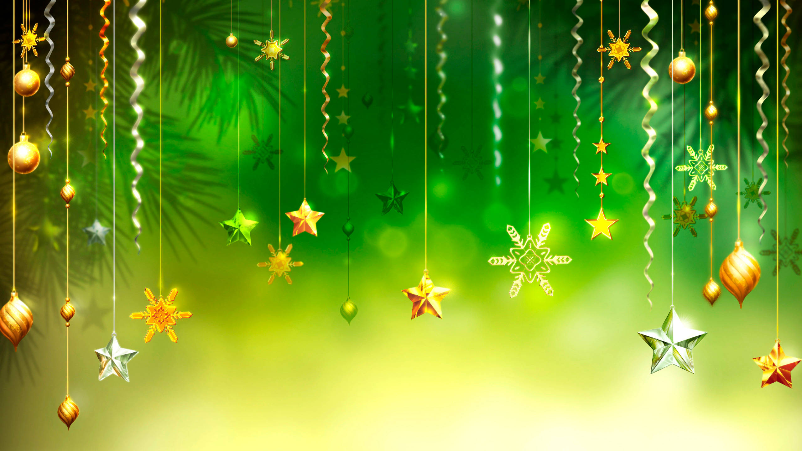 Cool Christmas Green Motif Desktop, golden, silver, 2K Desktop Wallpaper
