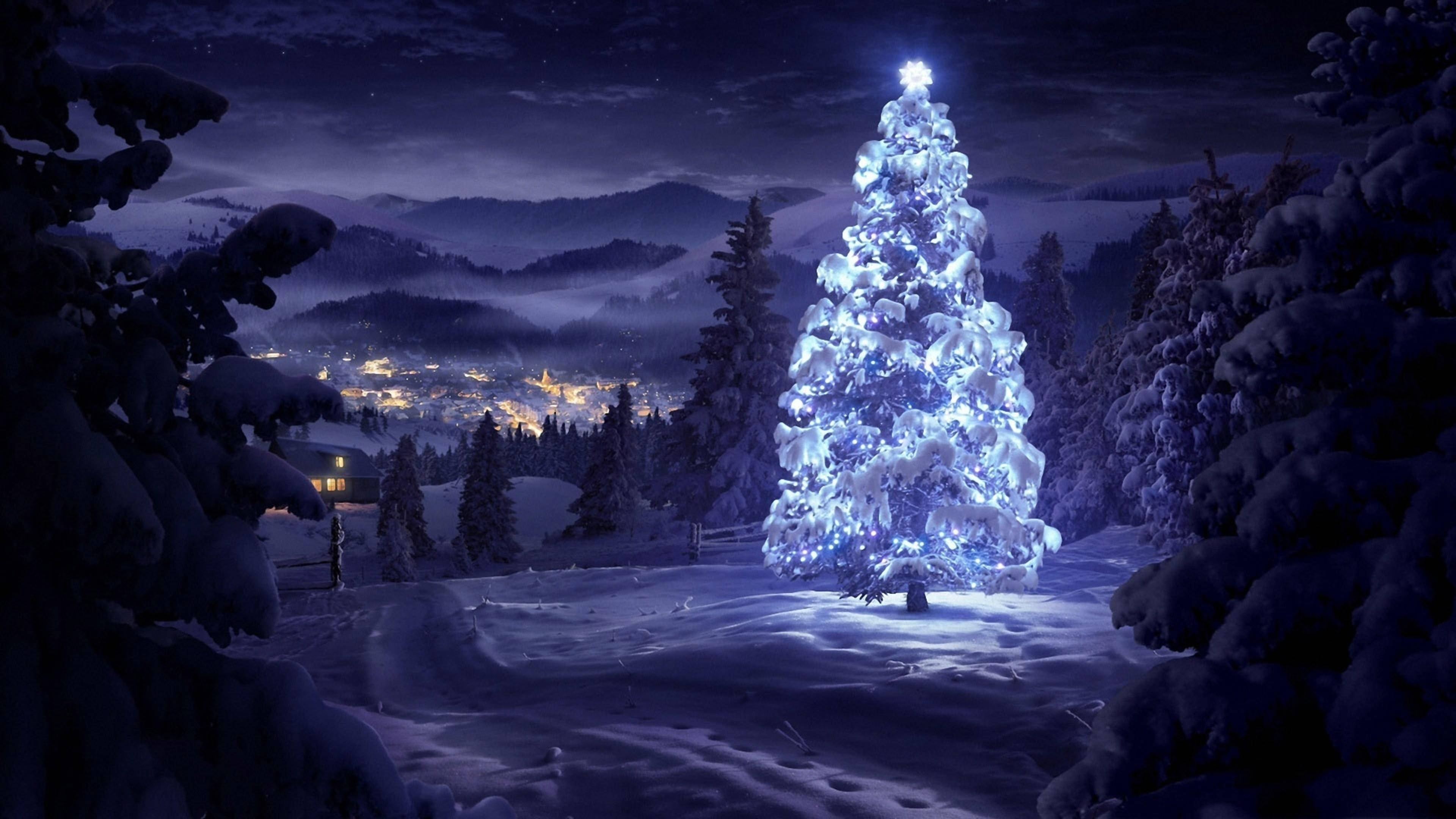 glowing blue Christmas tree, snowy winter night, frosty forest, 4K Desktop Wallpaper