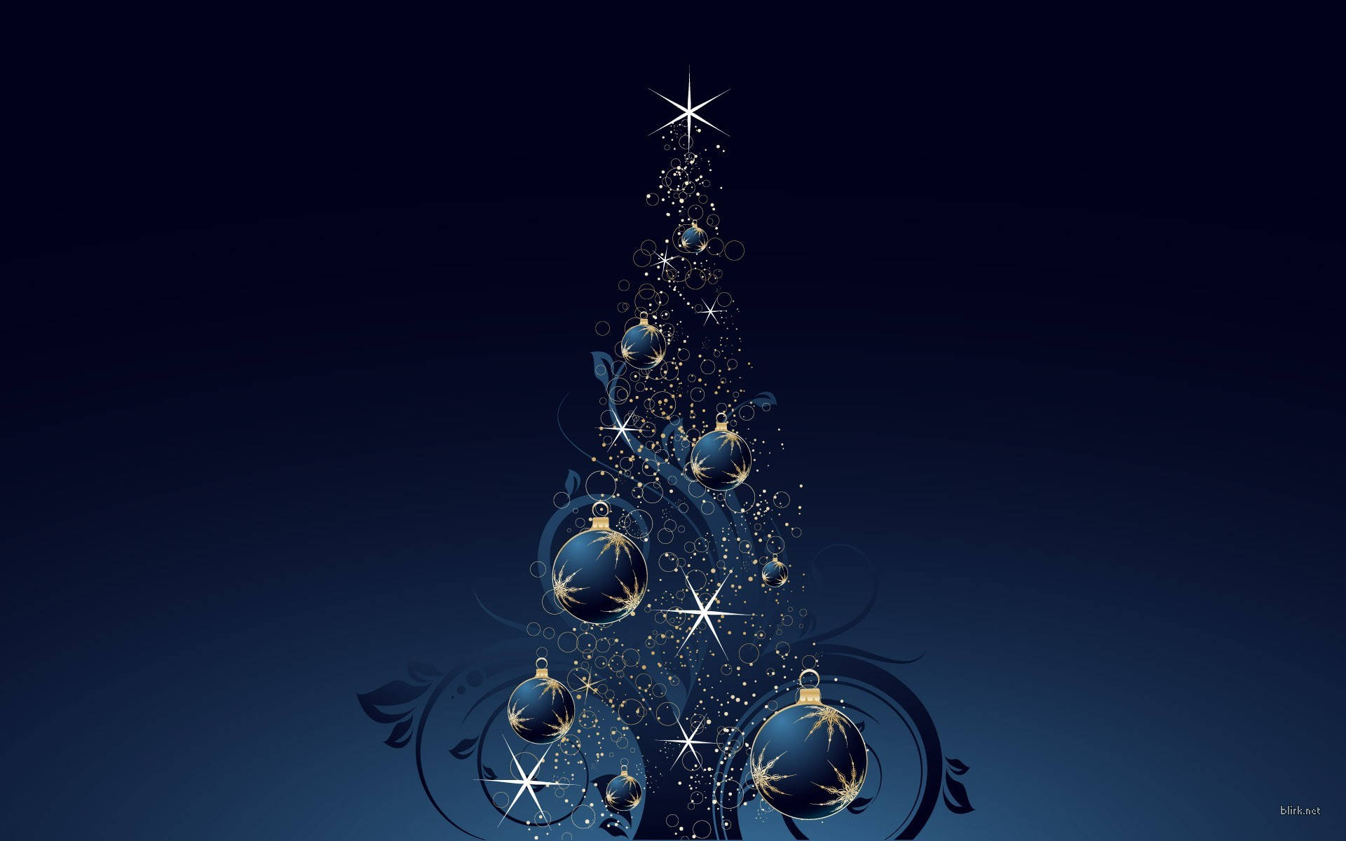 Cool Art Christmas Tree Desktop, golden ornaments, sparkling stars, Full HD Desktop Wallpaper