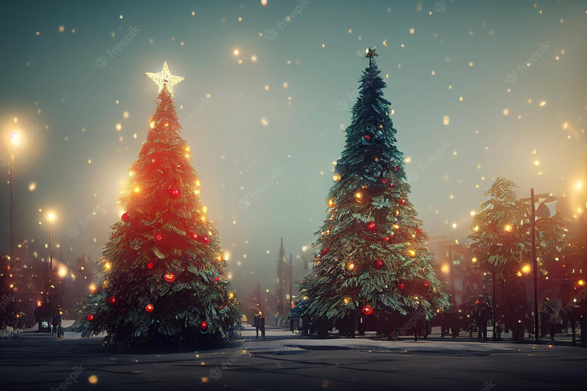 Christmas trees, glowing lights, red ornaments, Full HD Desktop Wallpaper