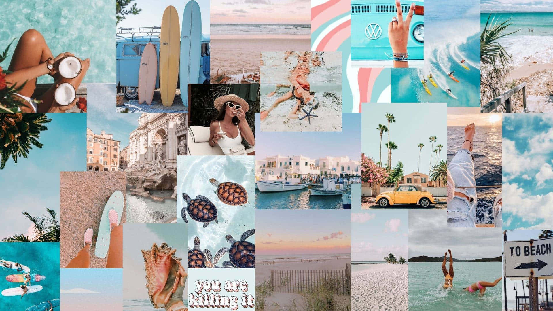 Cool Collage, beach, surfboards, Full HD Desktop Wallpaper