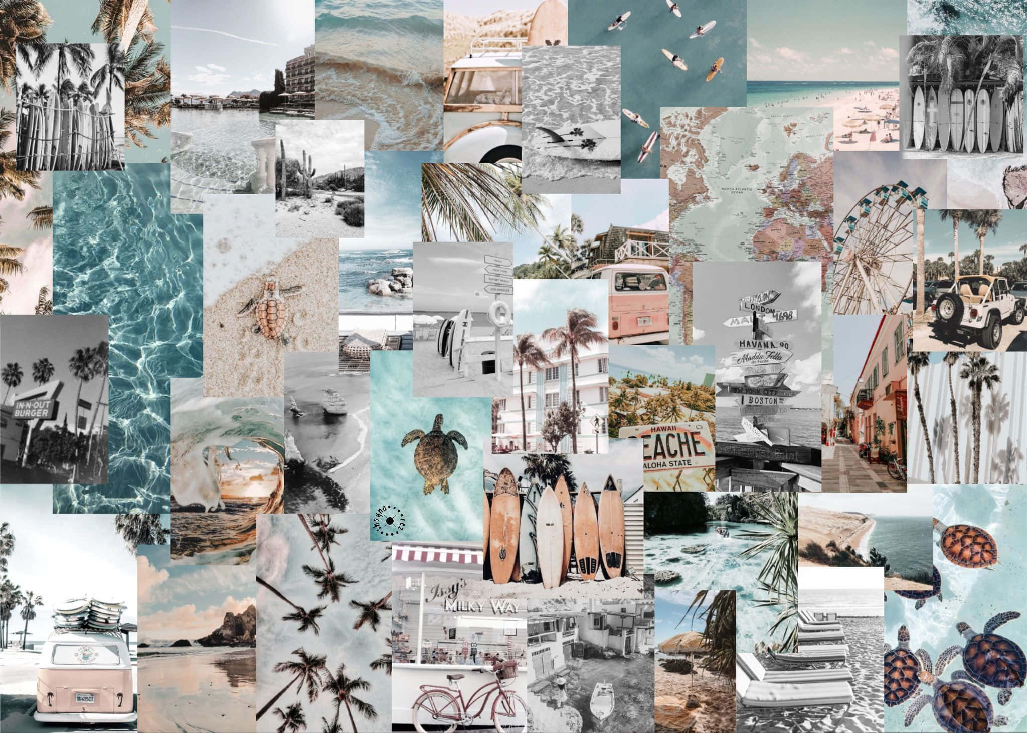 Beach Cool Collage, surfboards, turtles, Full HD Desktop Wallpaper