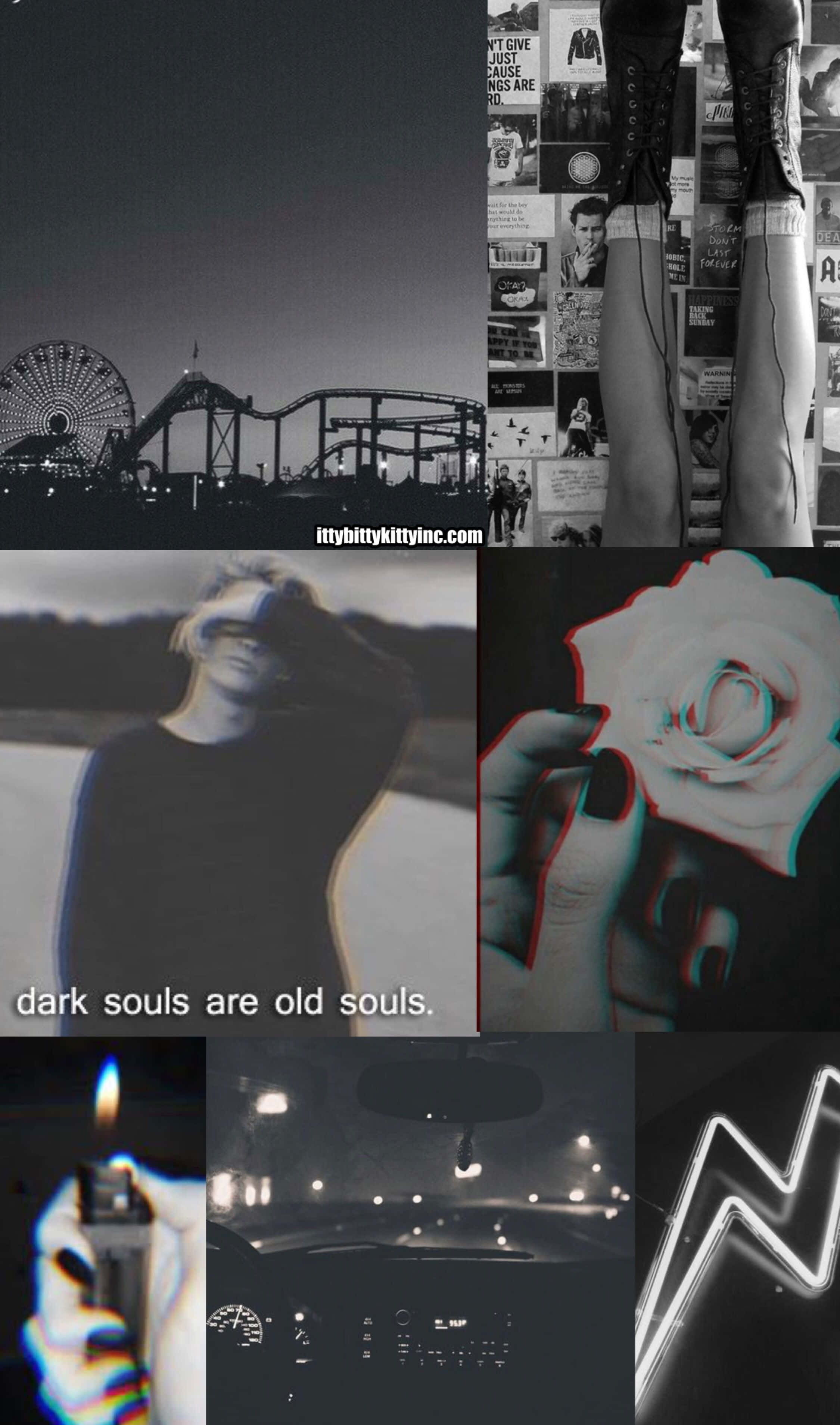 Cute Dark Collage, pier at night, legs against a poster wall, 2K Phone Wallpaper