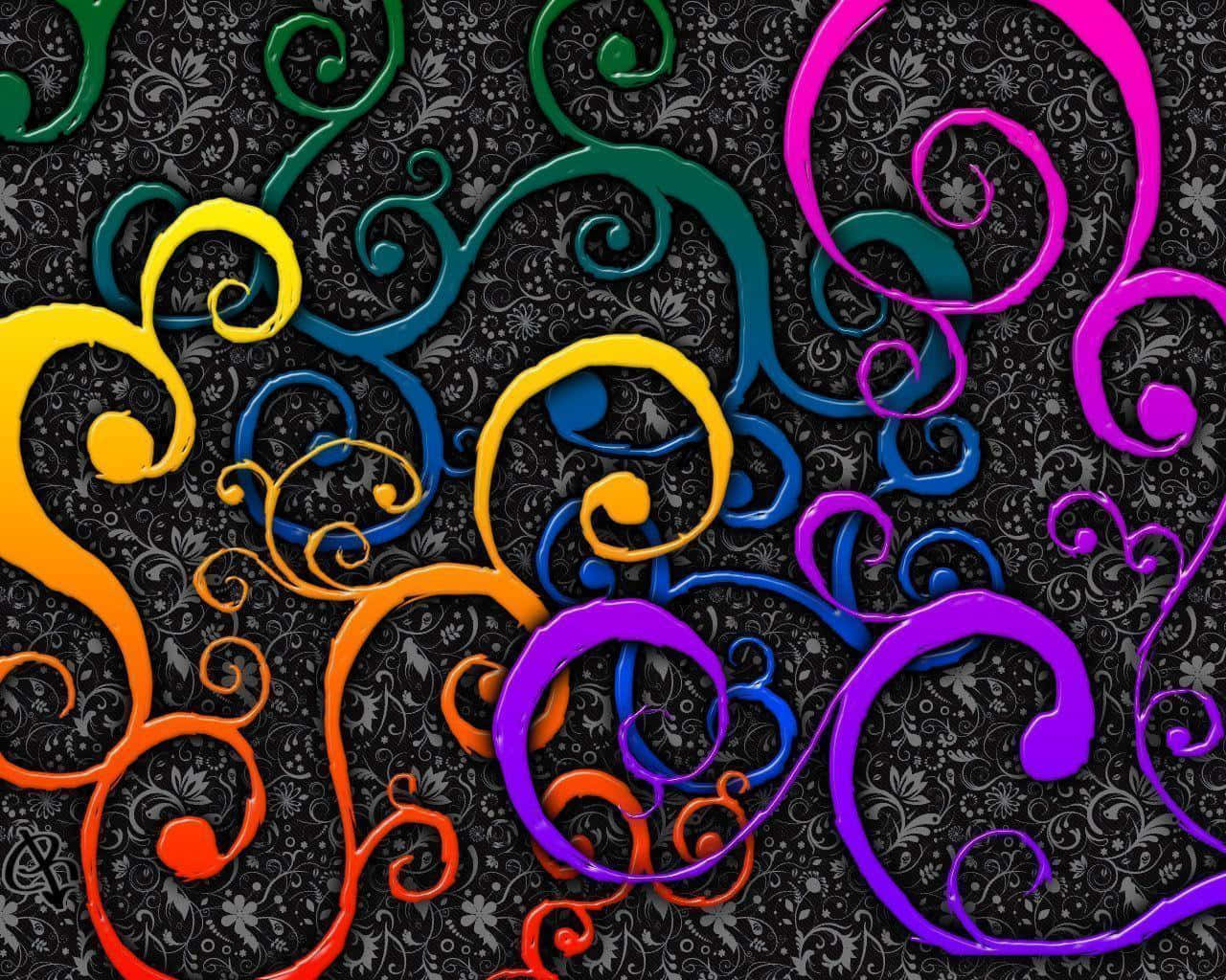 rainbow swirls, black background, dark ornate floral pattern, HD Desktop Wallpaper