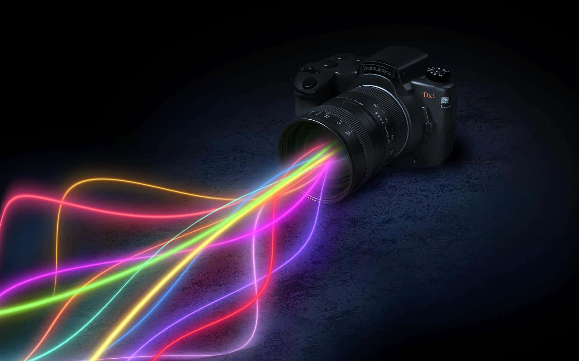 sleek black camera, vibrant rainbow light trails, dark textured surface, Full HD Desktop Wallpaper