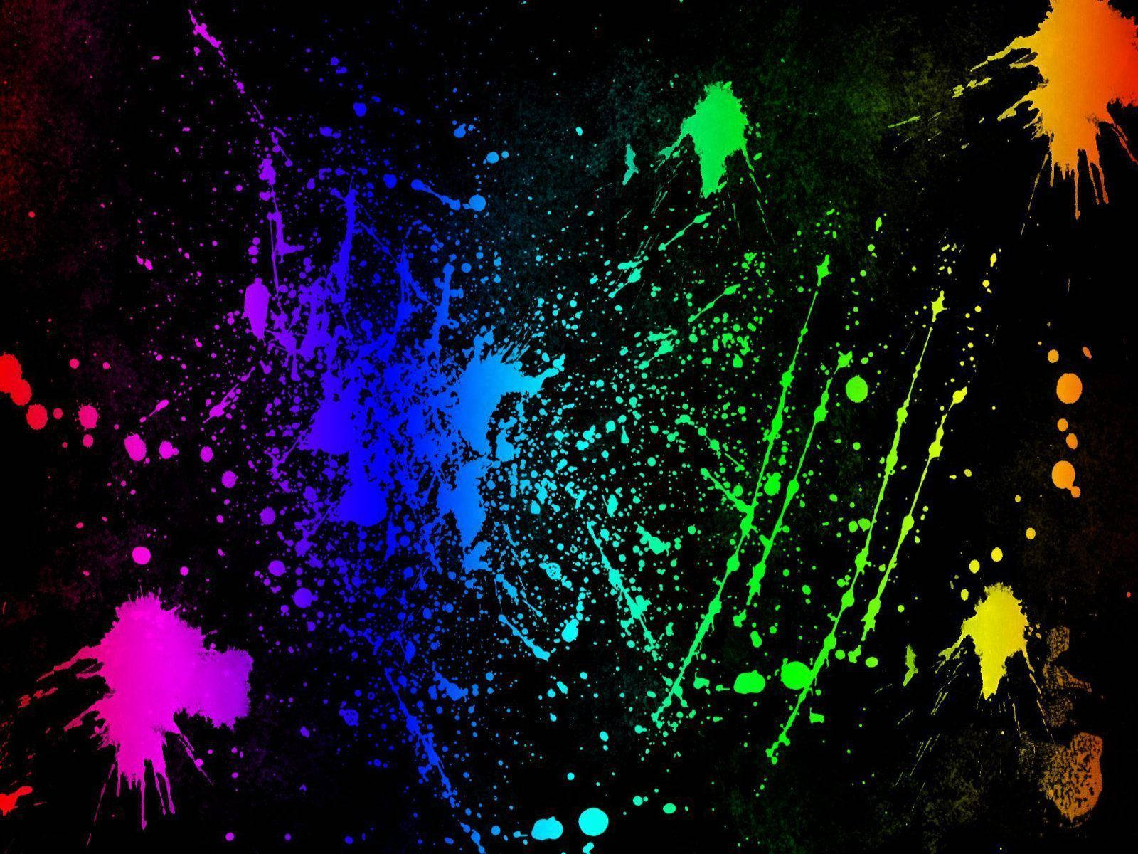 neon paint splatters, textured black canvas, chaotic burst of color, HD Desktop Wallpaper