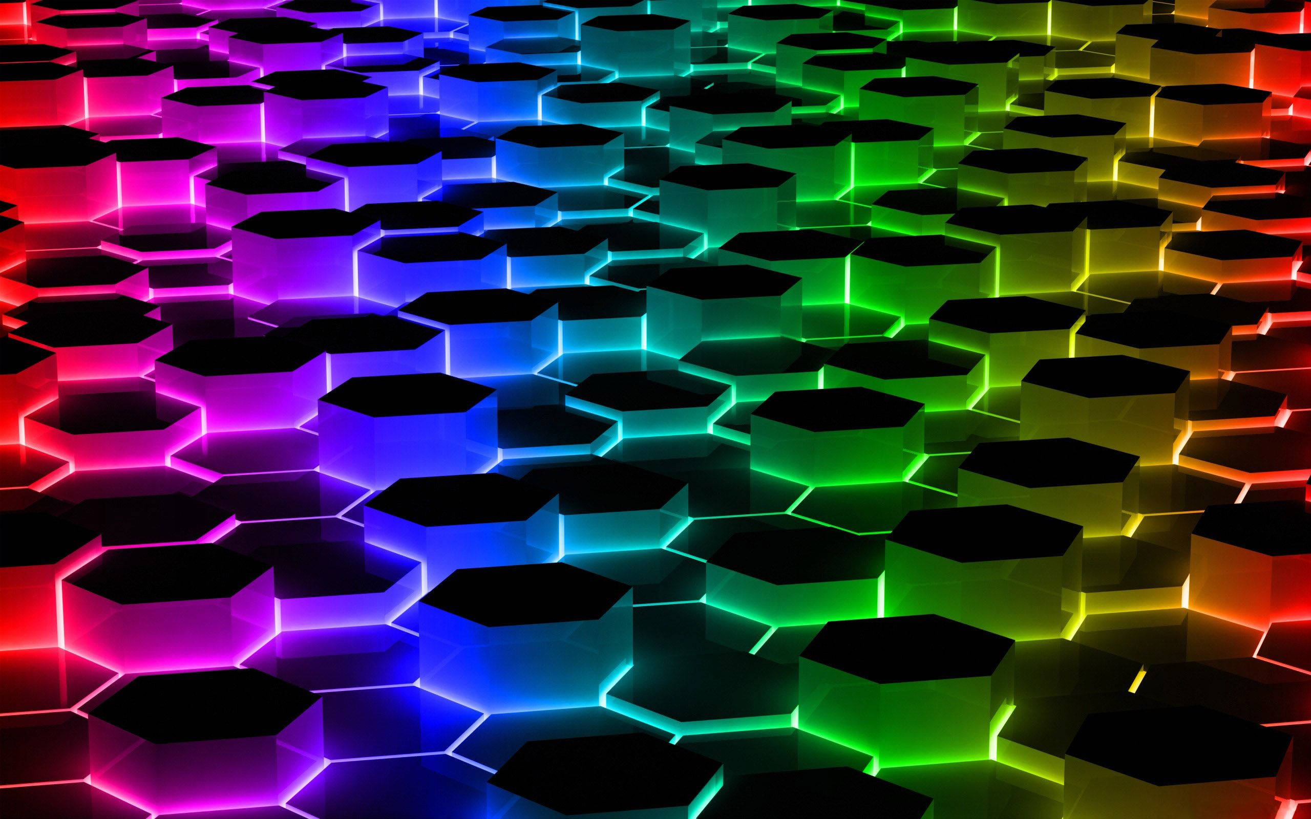glowing hexagons, rainbow gradient, dark background, 2K Desktop Wallpaper
