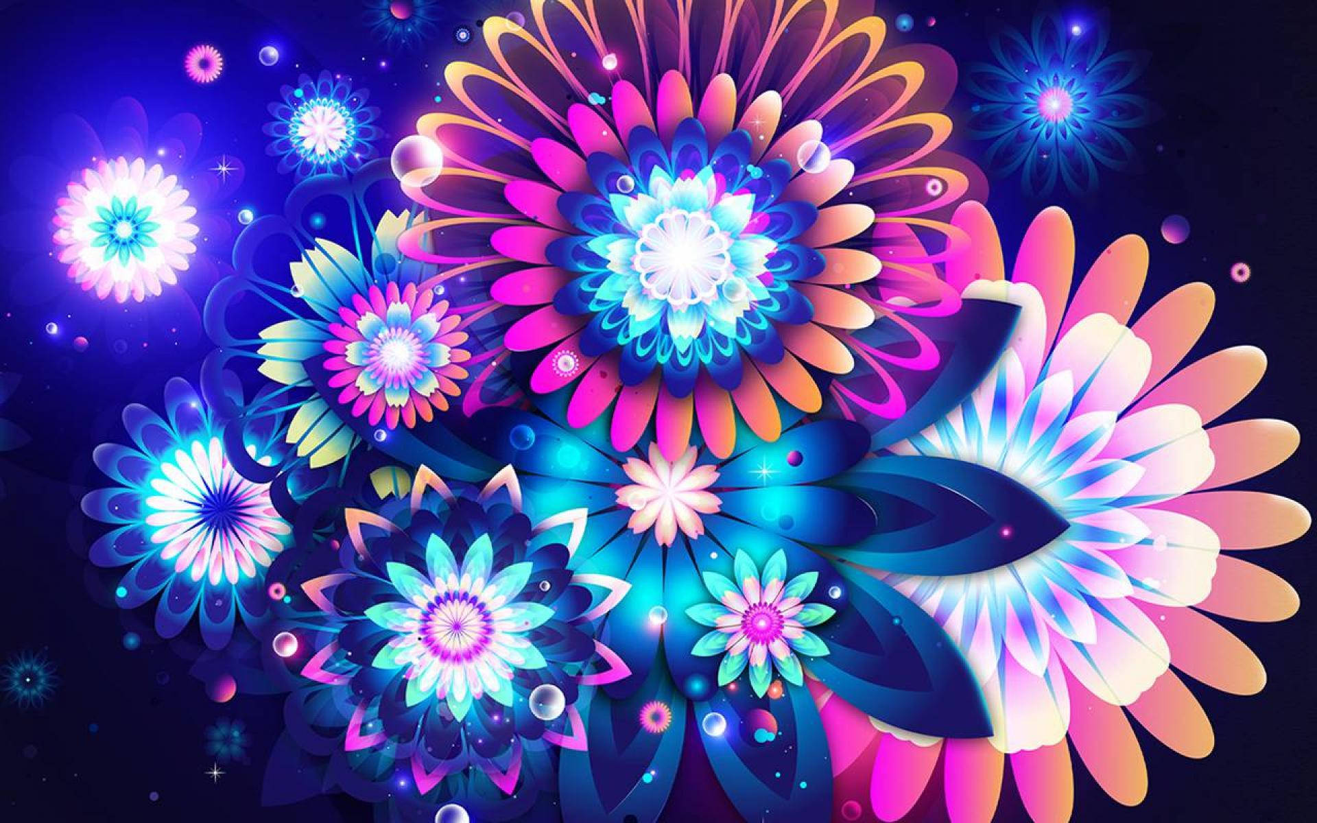 neon flowers, cosmic dark blue background, glowing particles, Full HD Desktop Wallpaper