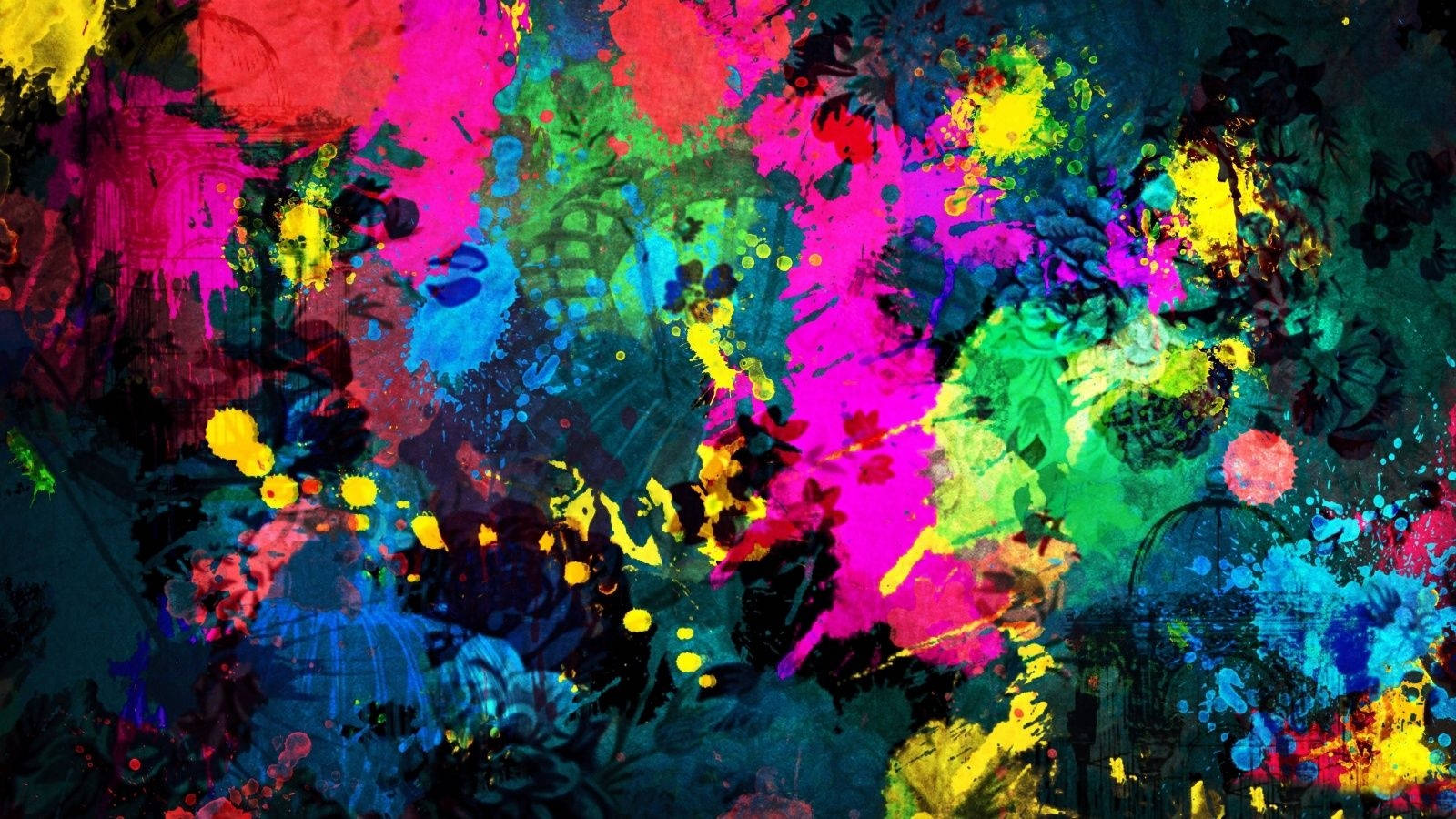 neon paint splatters, dark textured background, chaotic burst of color, HD Desktop Wallpaper