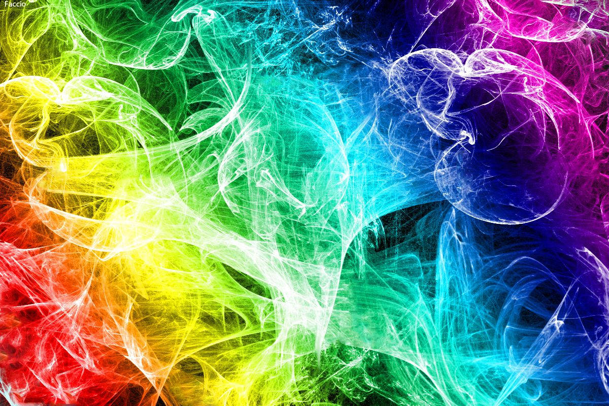rainbow-colored smoke, glowing tendrils, dark background, SD Desktop Wallpaper
