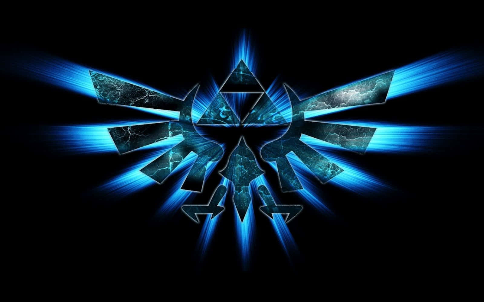 glowing blue triforce symbol, black background, crackled texture, HD Desktop Wallpaper