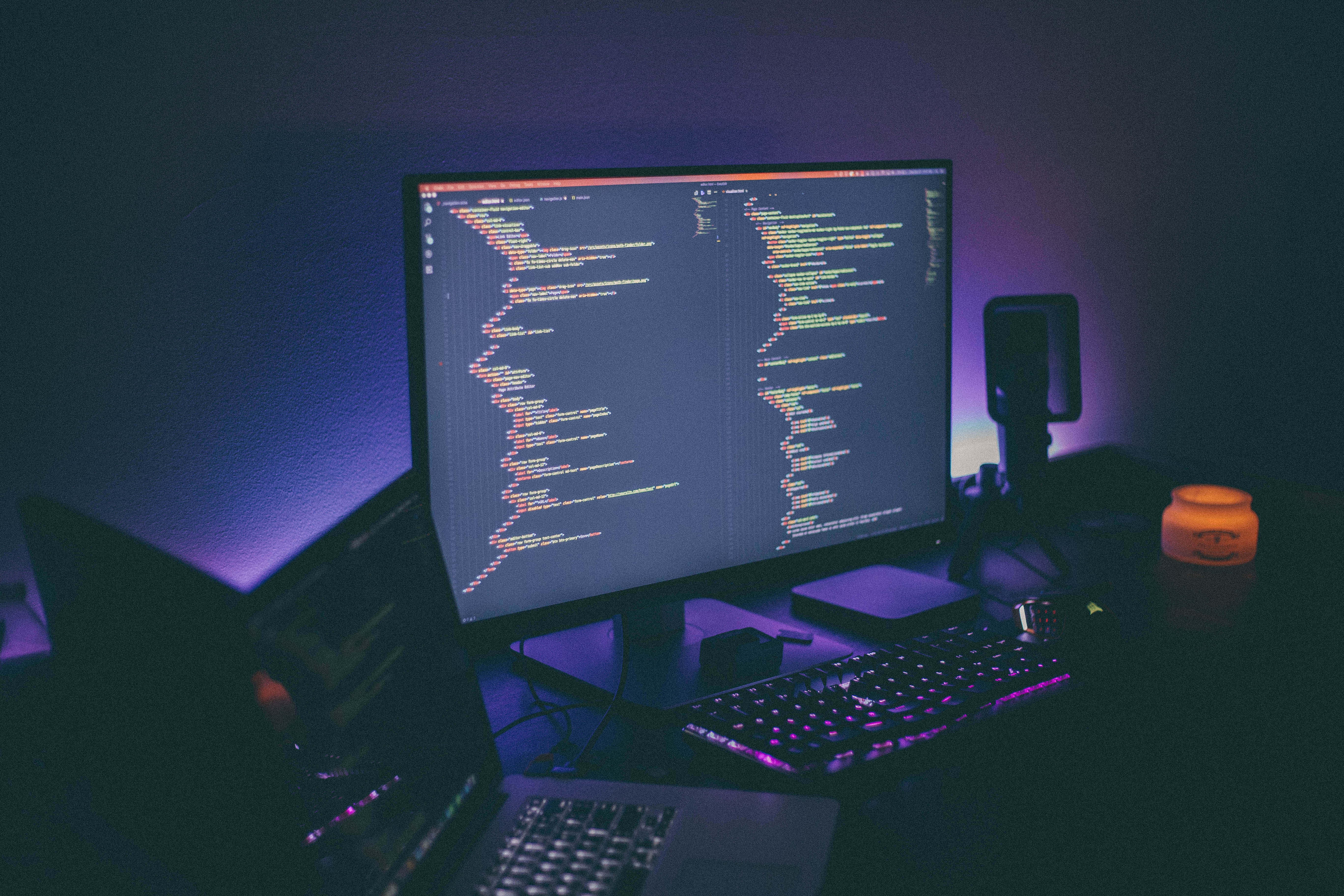 it computer, glowing monitor, colorful code, 5K Desktop Wallpaper