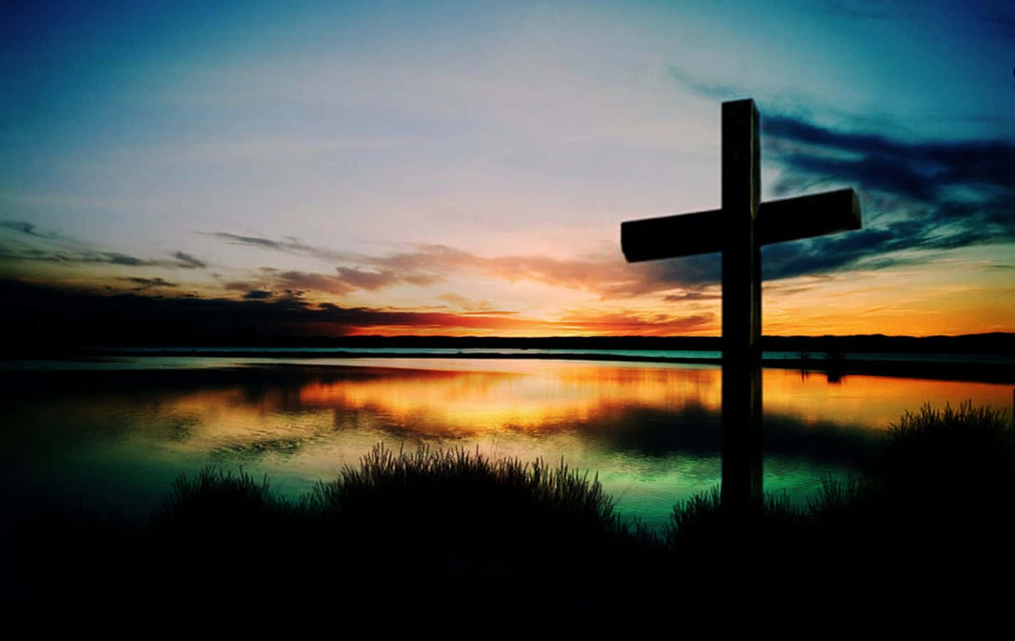 Cool Cross, sunset, calm water, HD Desktop Wallpaper