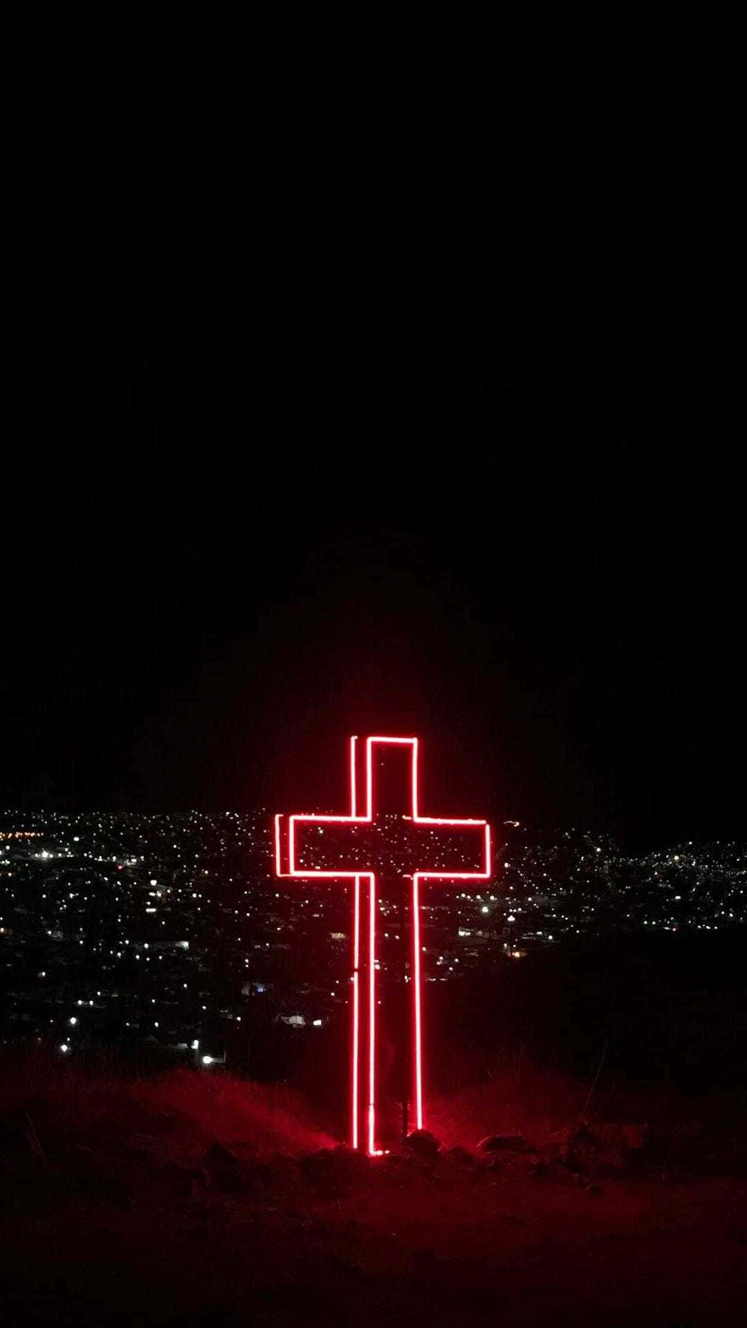 Neon Cross, glowing red neon cross, hill, Full HD Phone Wallpaper