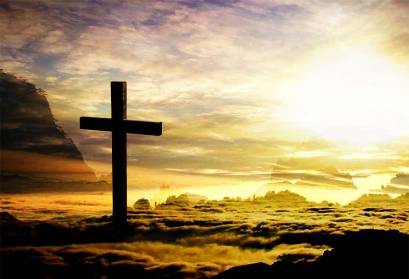 Cool Cross, mountain peak, sea of clouds, HD Desktop Wallpaper