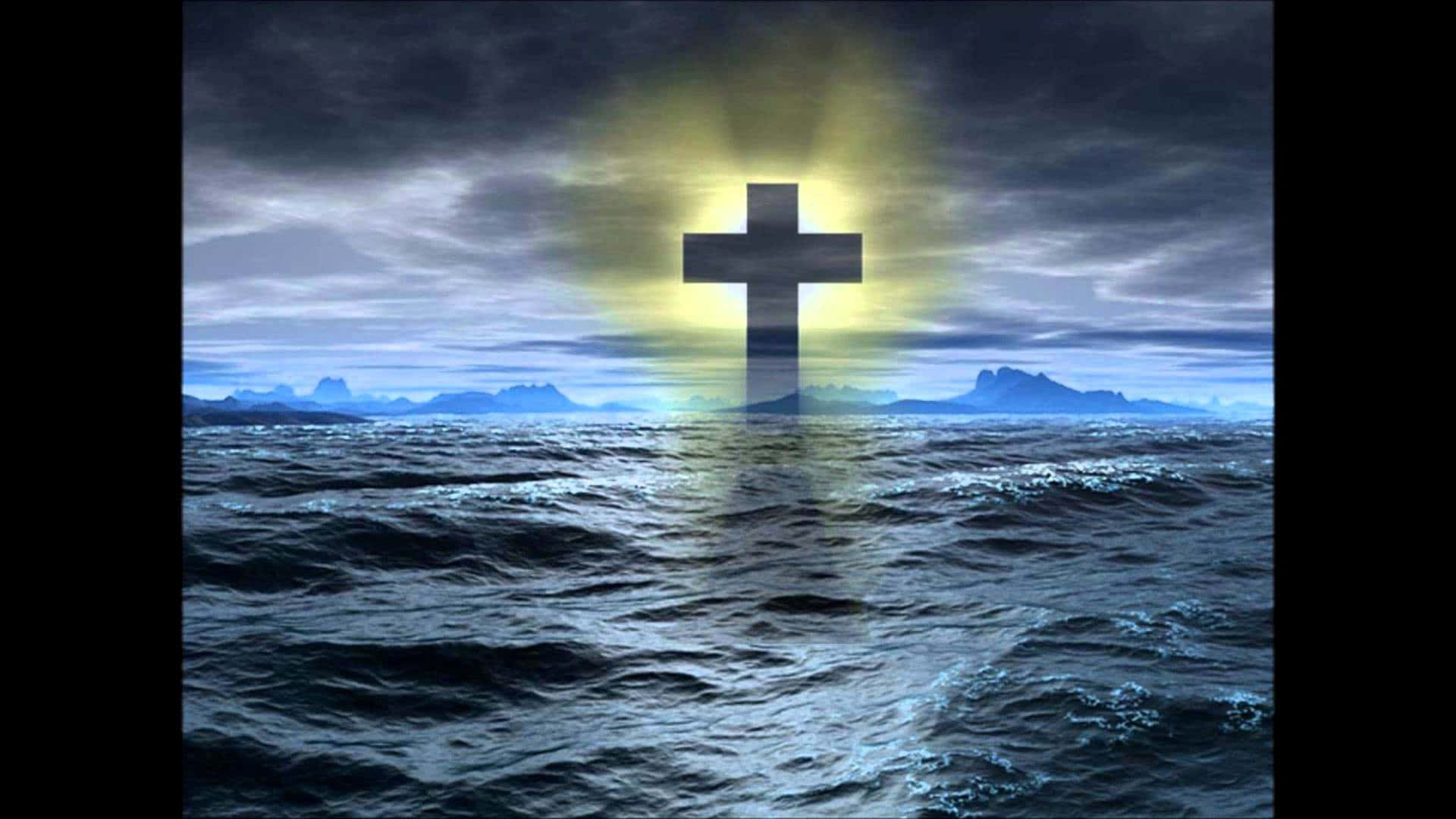 Cool Cross, glowing cross, turbulent ocean waters, Full HD Desktop Wallpaper