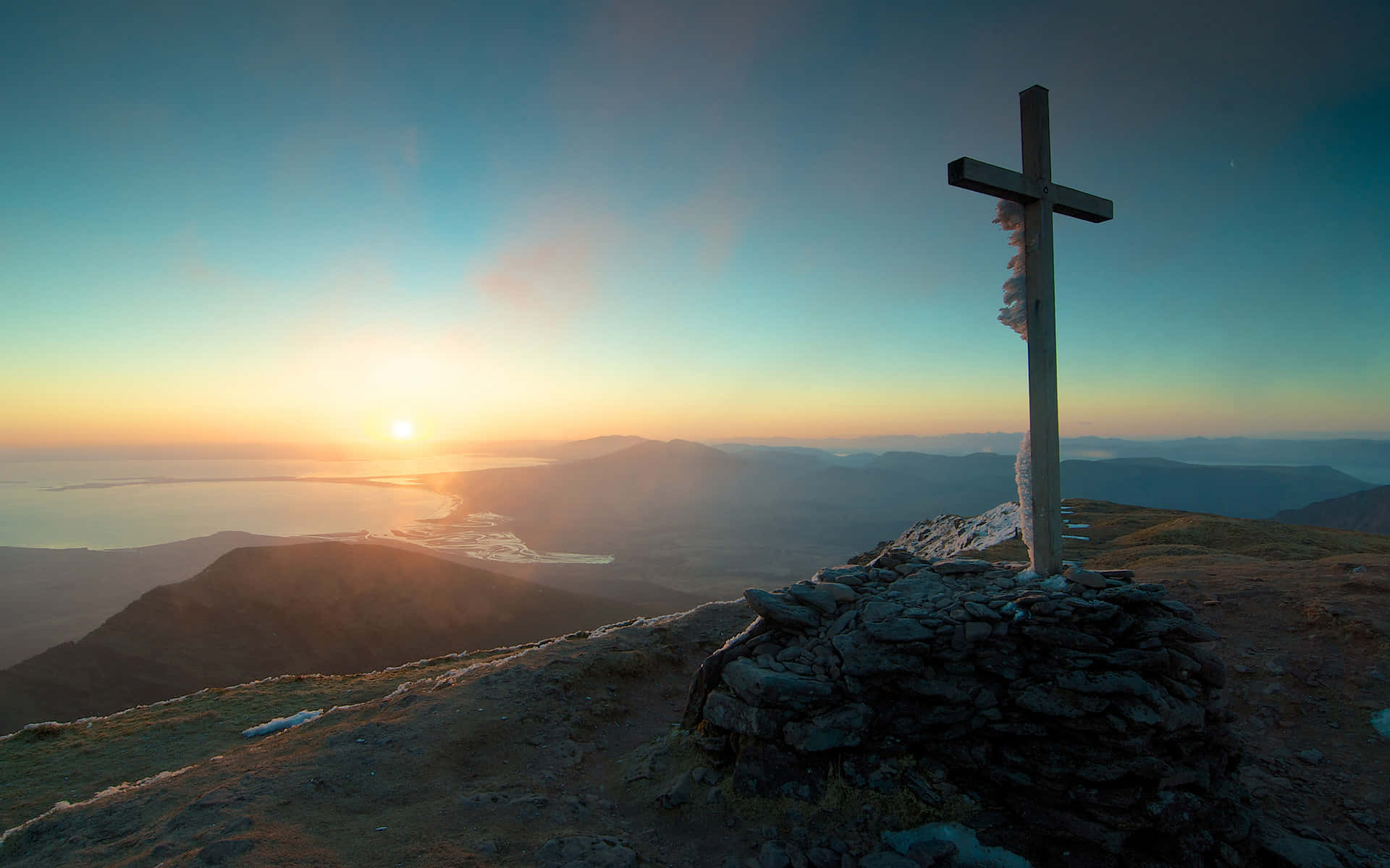 Cool Cross, wooden cross, rocky mountain peak, Full HD Desktop Wallpaper