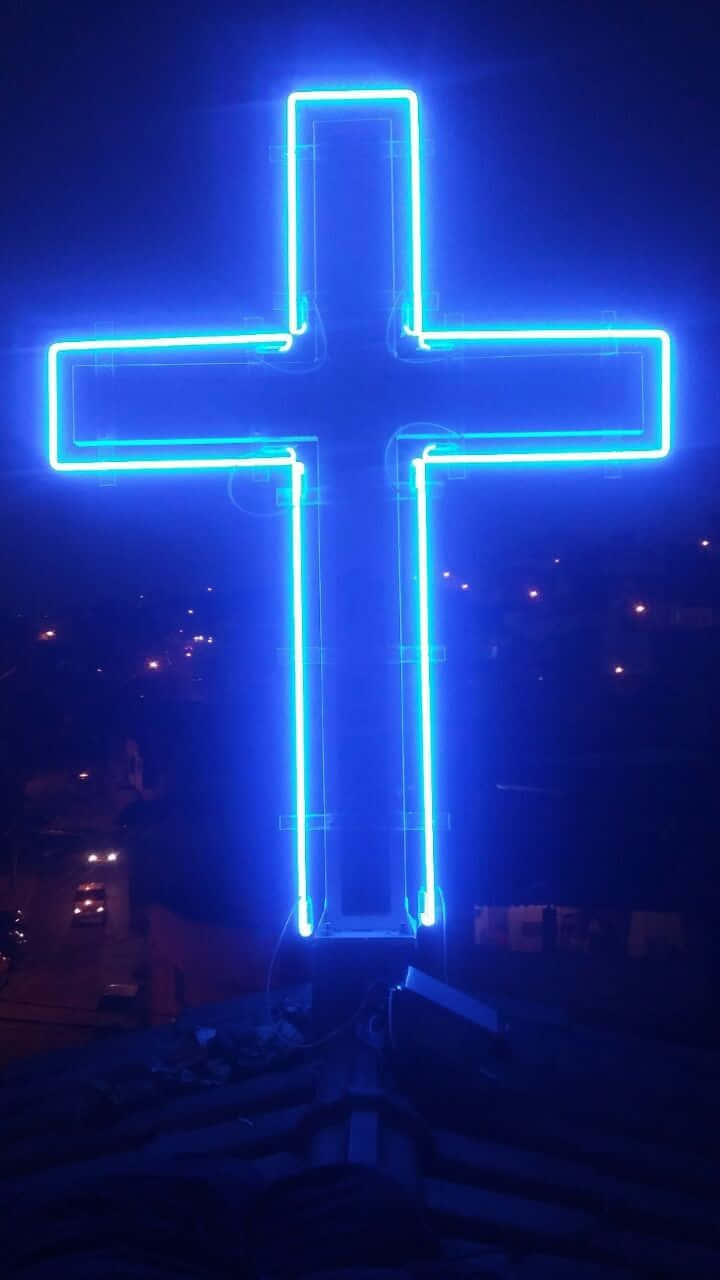 blue cross, neon cross, dark night sky, HD Phone Wallpaper