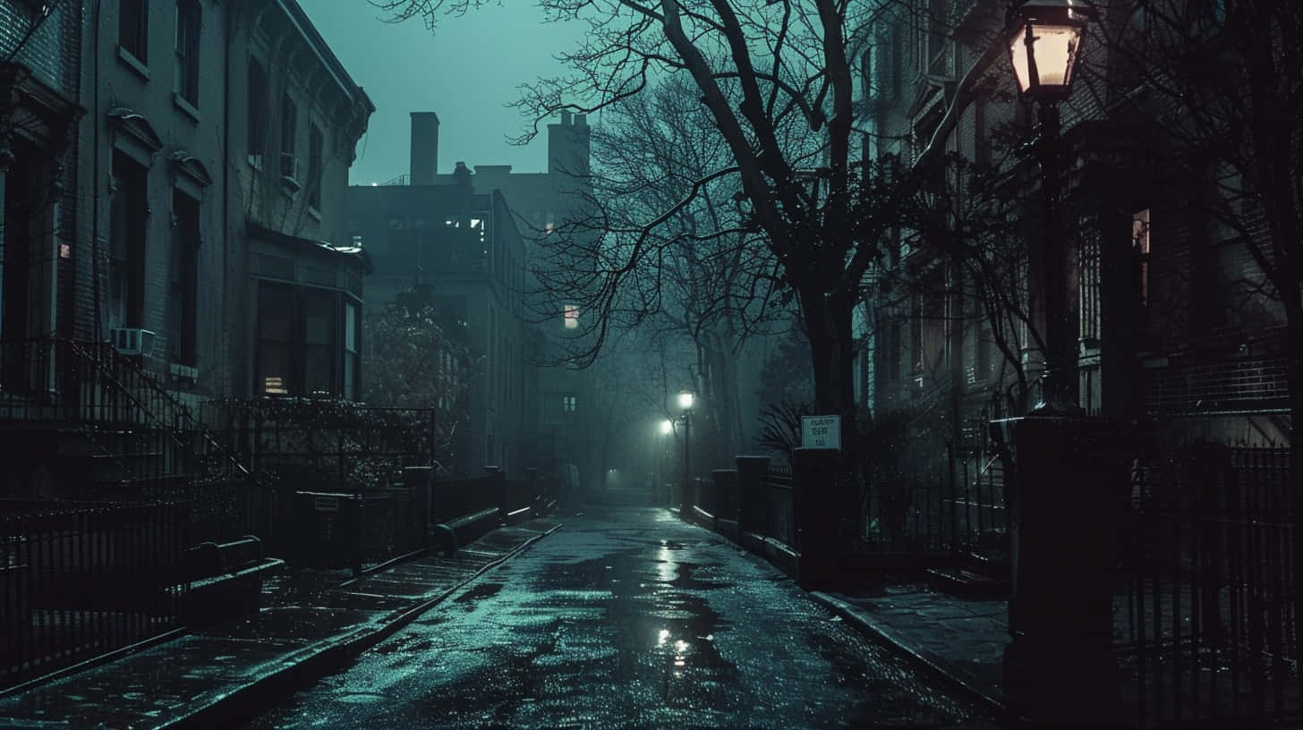 misty night, urban alley, teal-lit, HD Desktop Wallpaper
