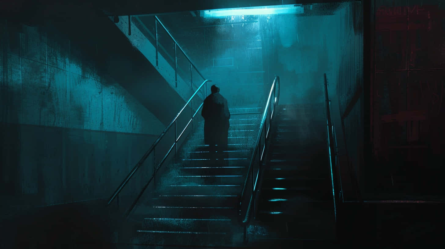 trench coat, wet concrete stairs, harsh blue glow, HD Desktop Wallpaper