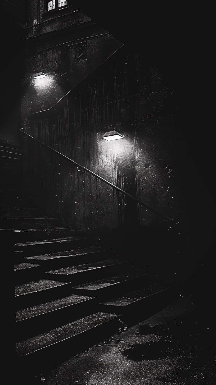 noir staircase, wet concrete staircase, dimly lit urban alley, HD Phone Wallpaper
