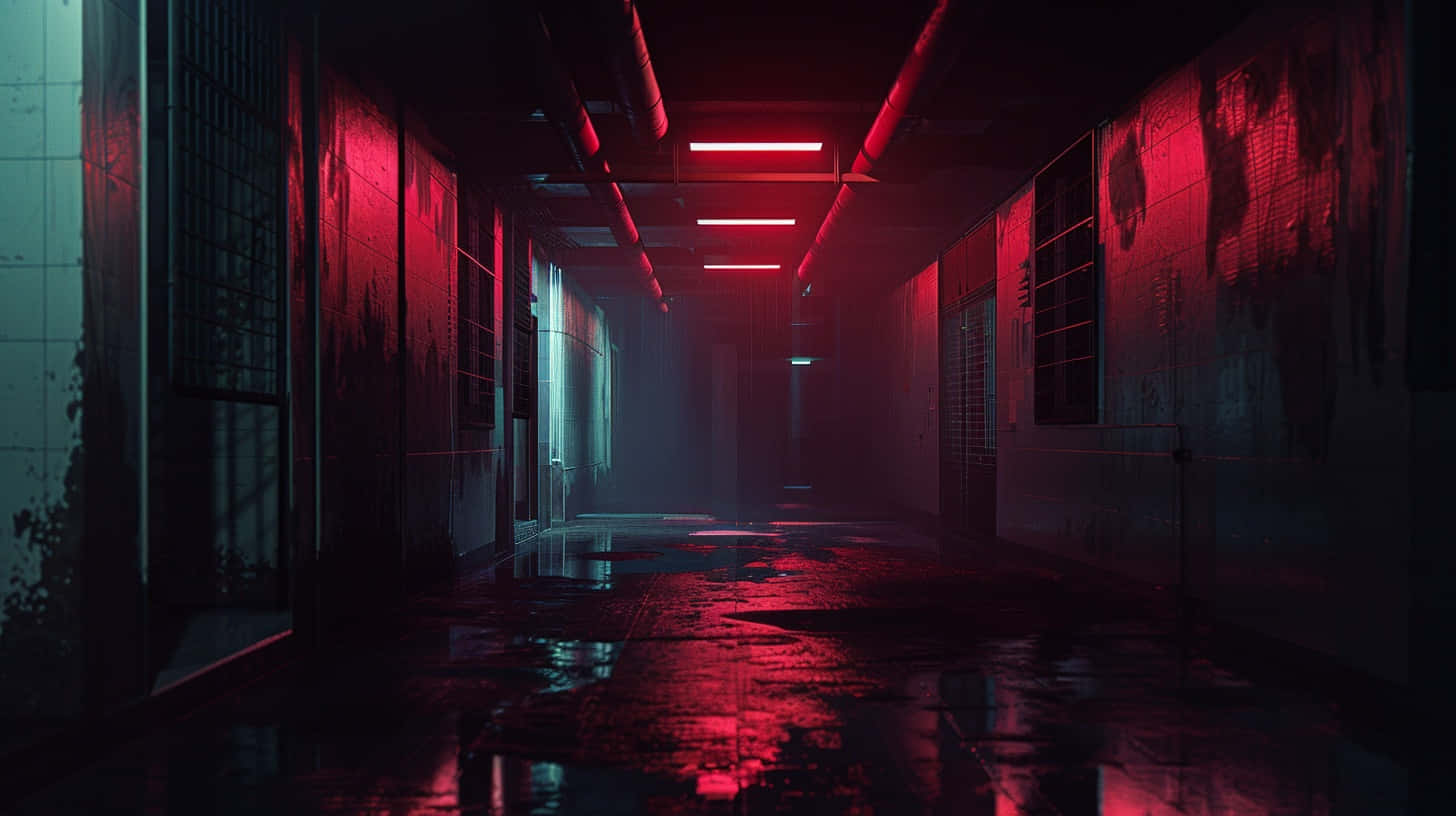 neon noir corridor, dystopian facility, red and teal light, HD Desktop Wallpaper