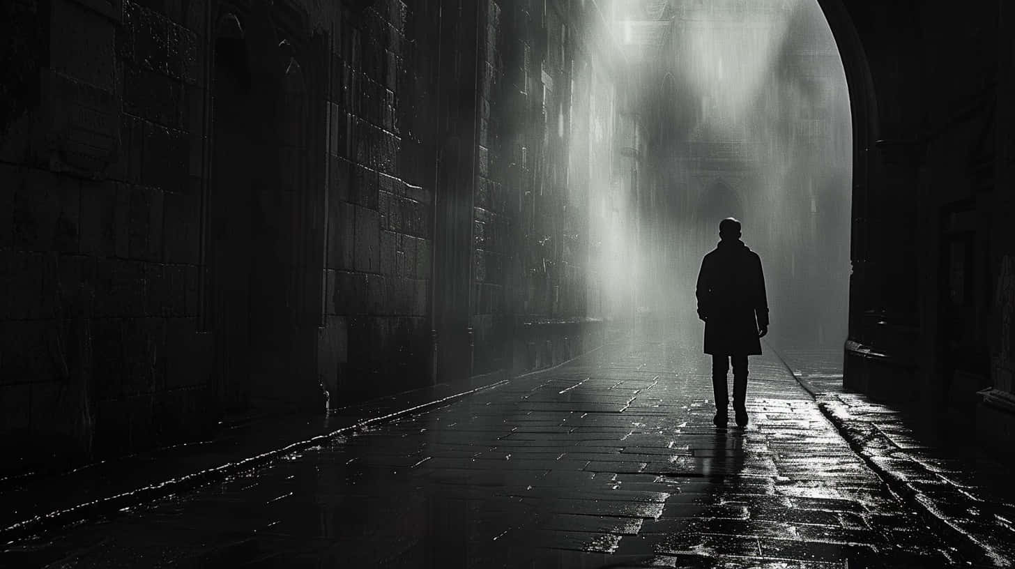 mysterious figure, rain-slicked stone alley, dramatic backlighting, HD Desktop Wallpaper