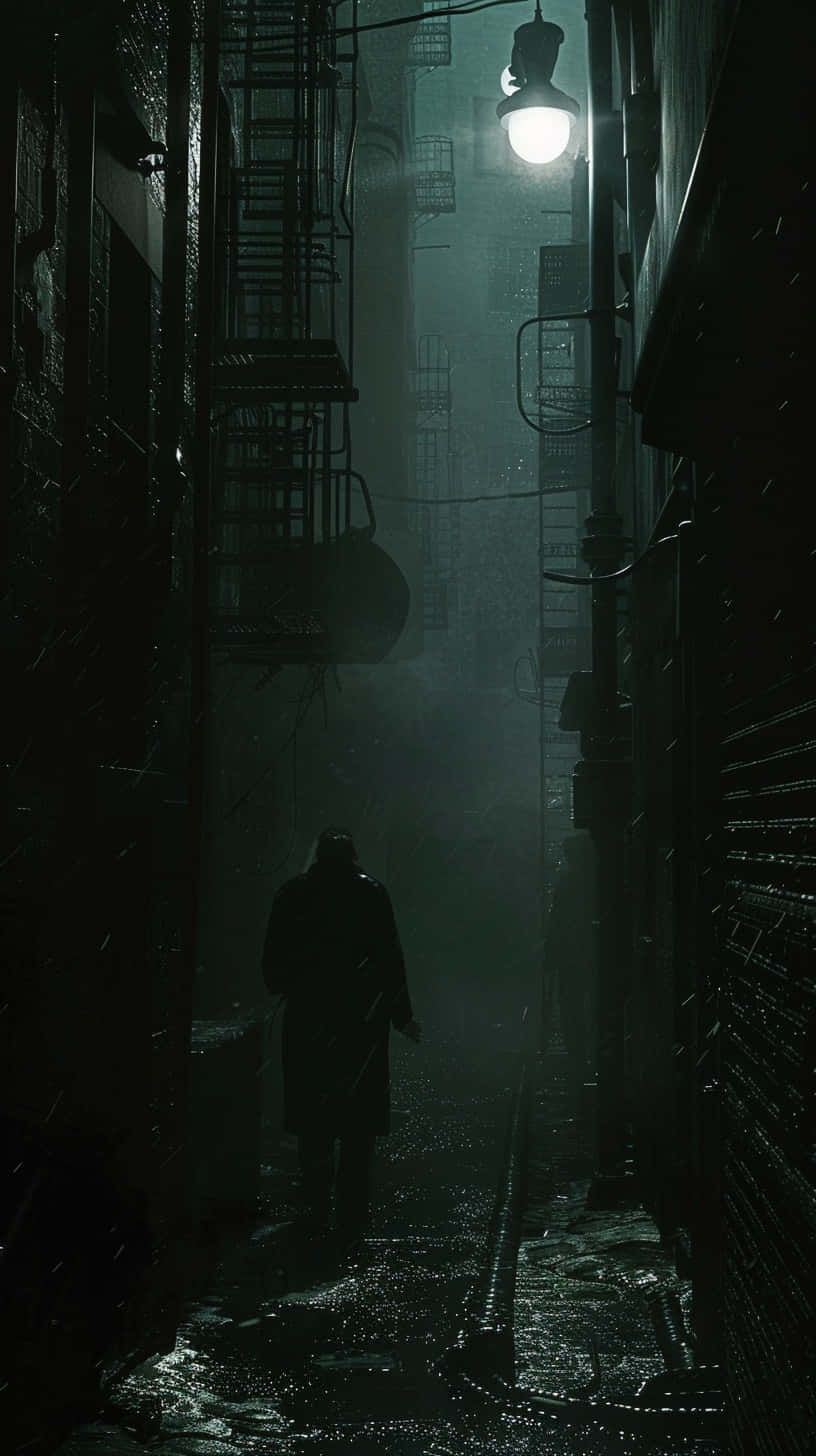 trench coat, narrow rain-slicked alleyway, glowing streetlamp, HD Phone Wallpaper
