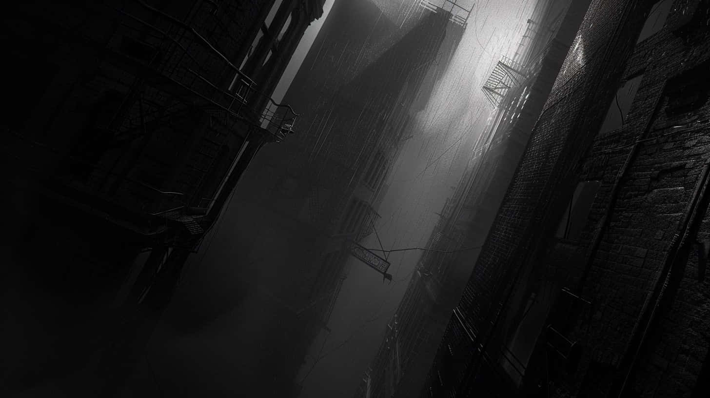 misty urban nightfall, rain-slicked alleyway, towering brick buildings, HD Desktop Wallpaper