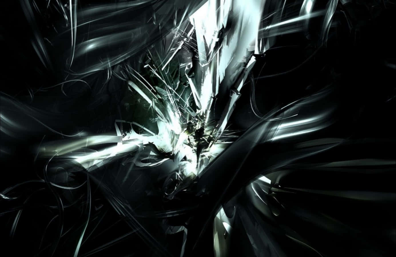black void, glowing silver shards, dark ribbons, HD Desktop Wallpaper