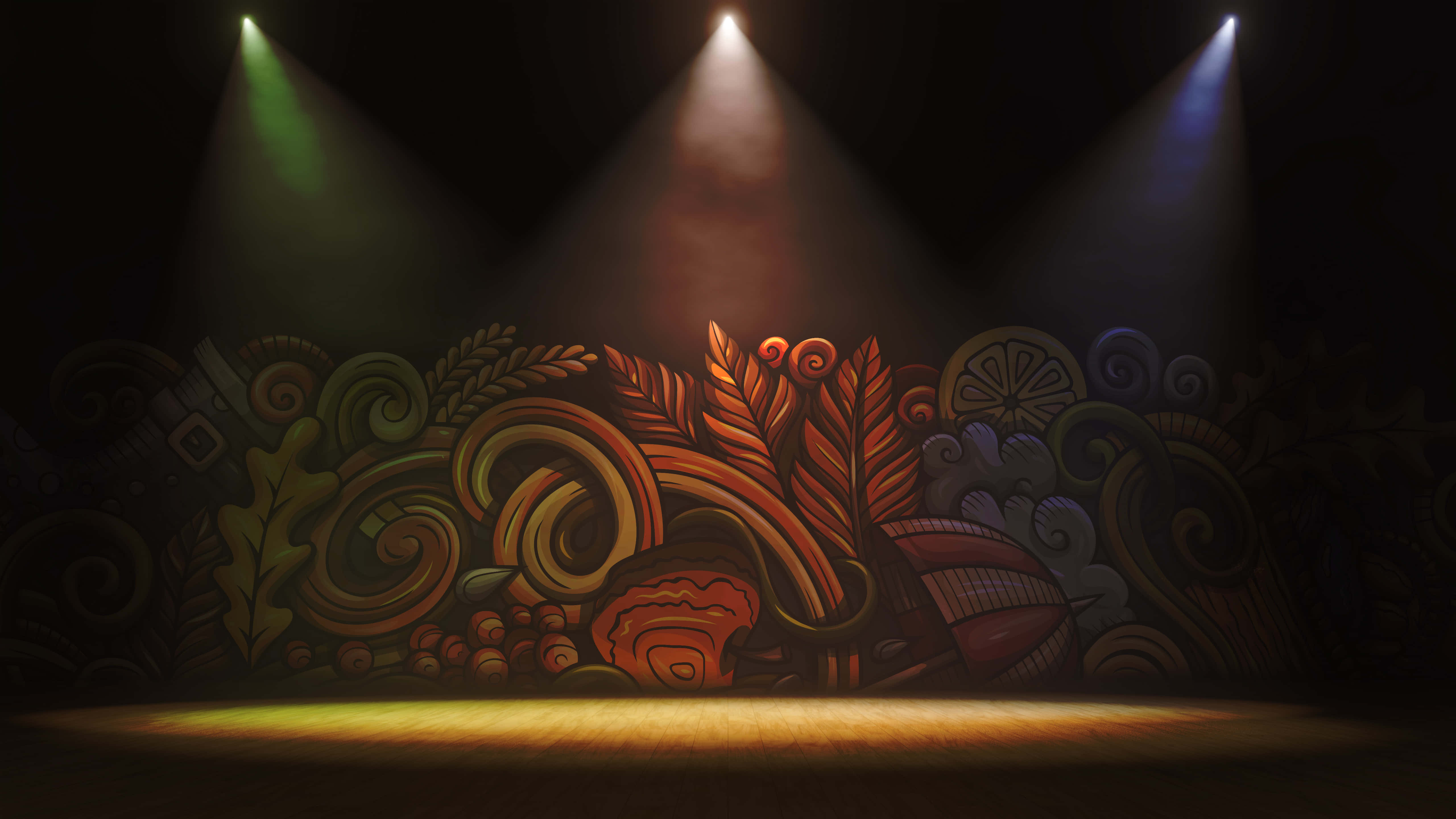 Wall Art Dark 5K Desktop, swirling organic patterns, three colored spotlights, 5K Desktop Wallpaper