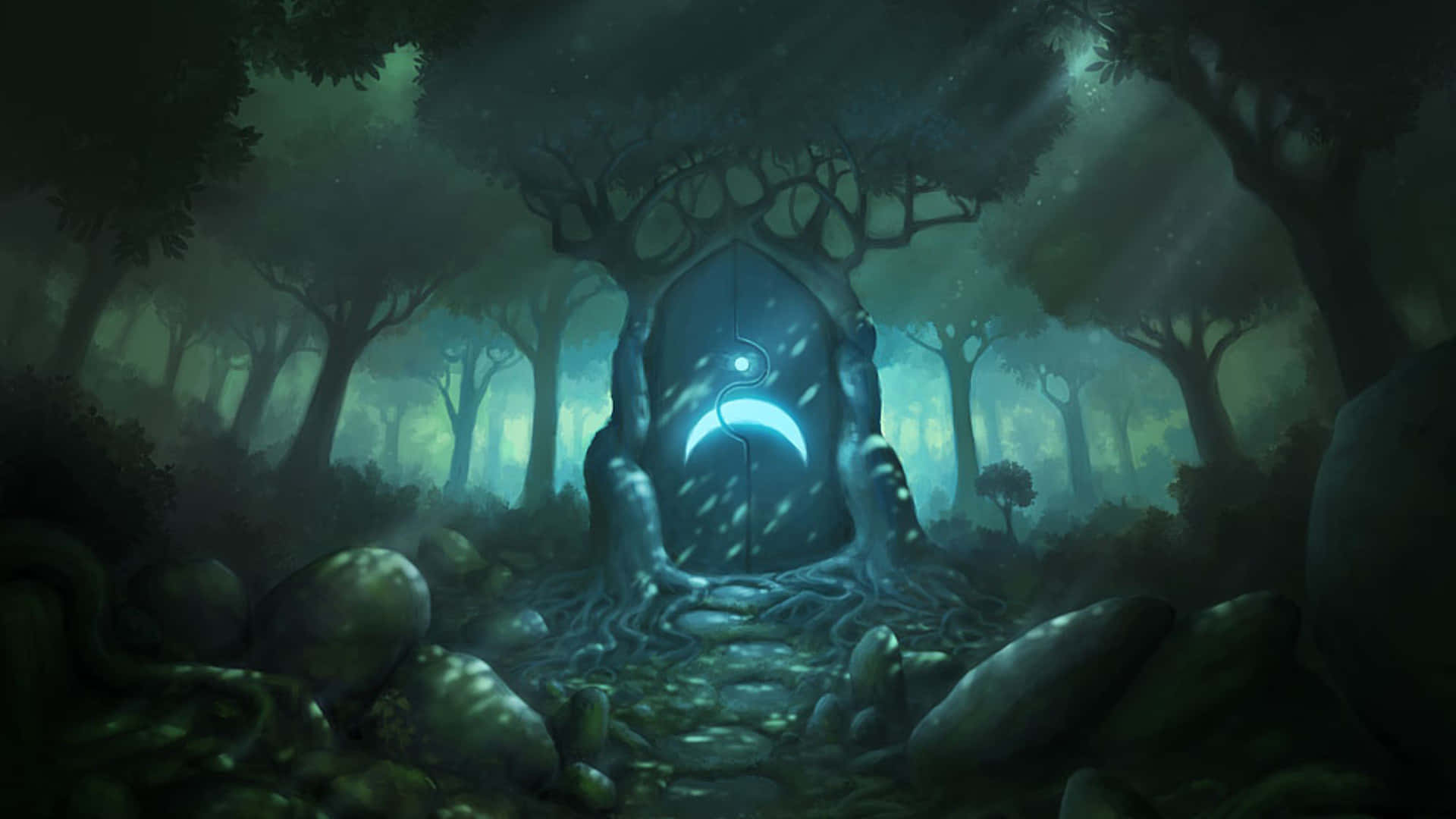 dark desktop, mystical glowing crescent moon door, ancient tree roots, Full HD Desktop Wallpaper