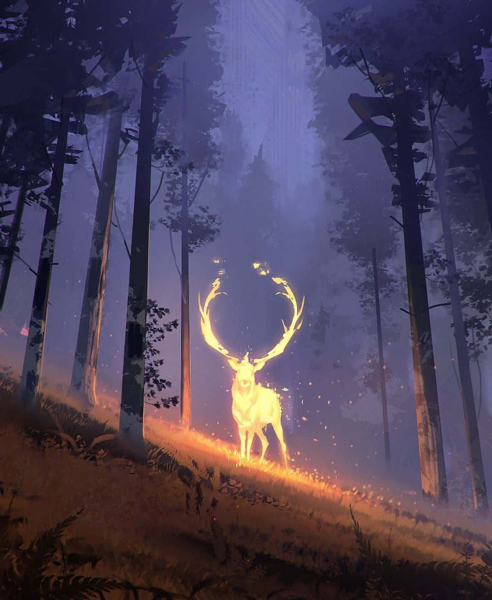 cool deer, glowing golden deer, fiery antlers, SD Phone Wallpaper