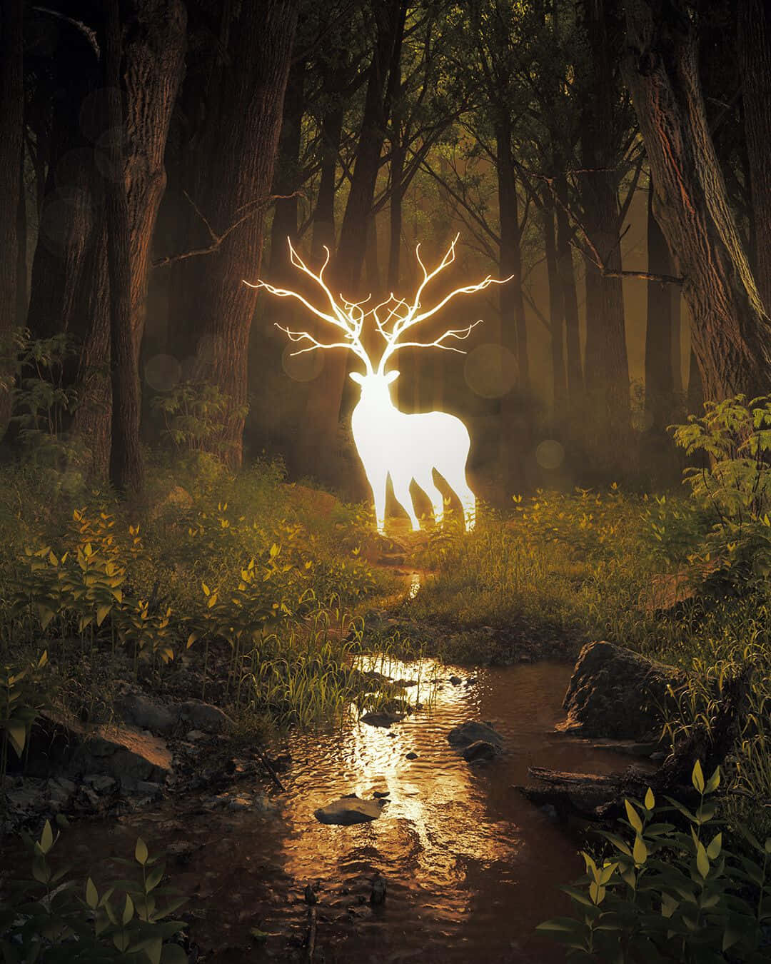 cool deer, luminous white deer, glowing antlers, HD Phone Wallpaper