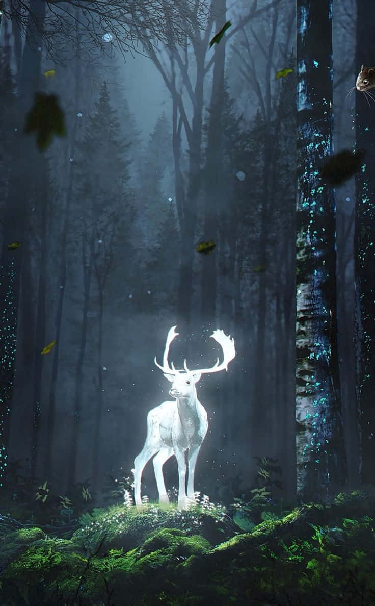 luminous white stag, misty forest, glowing leaves, SD Phone Wallpaper