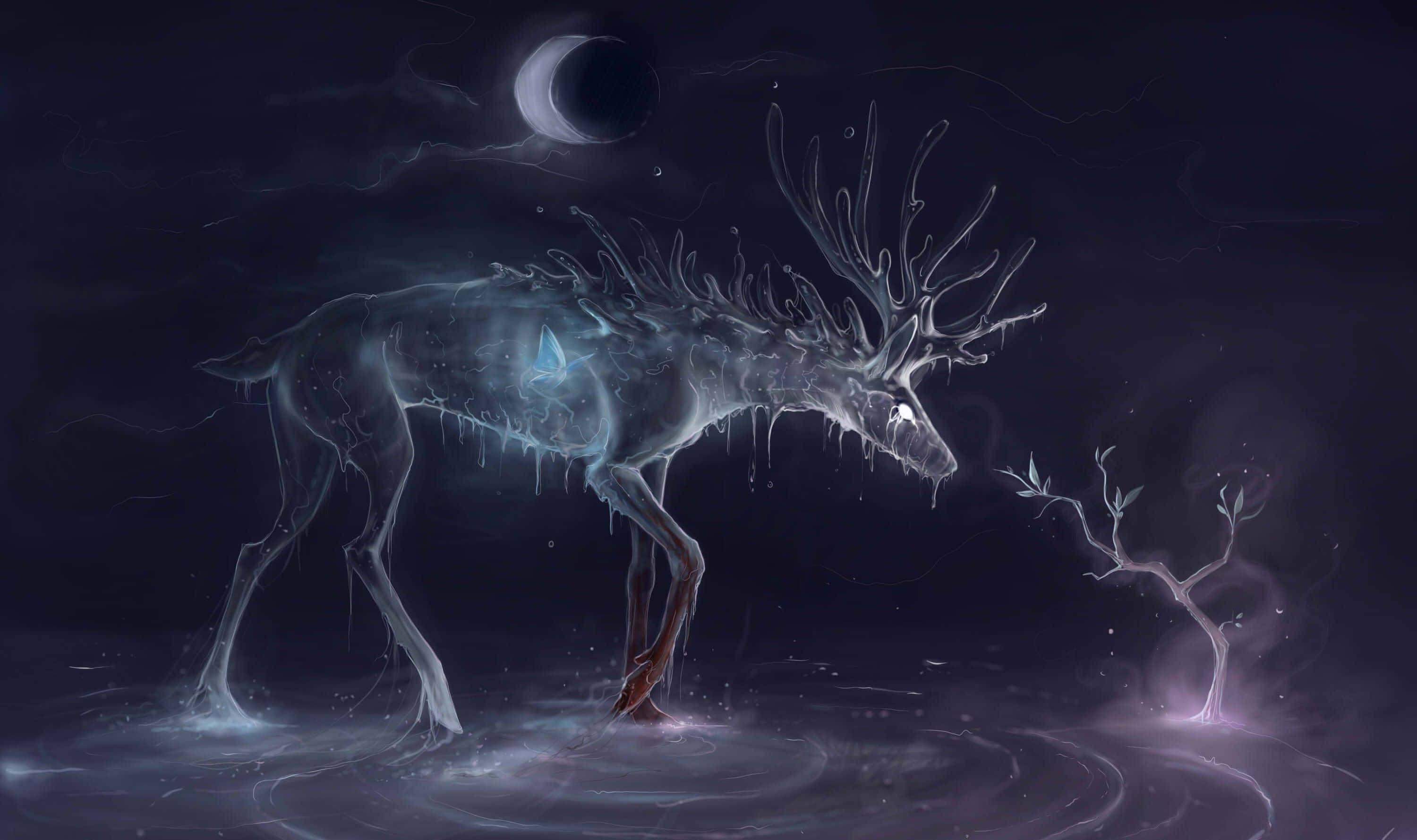 cool deer, glowing blue veins, dripping antlers, 2K Desktop Wallpaper