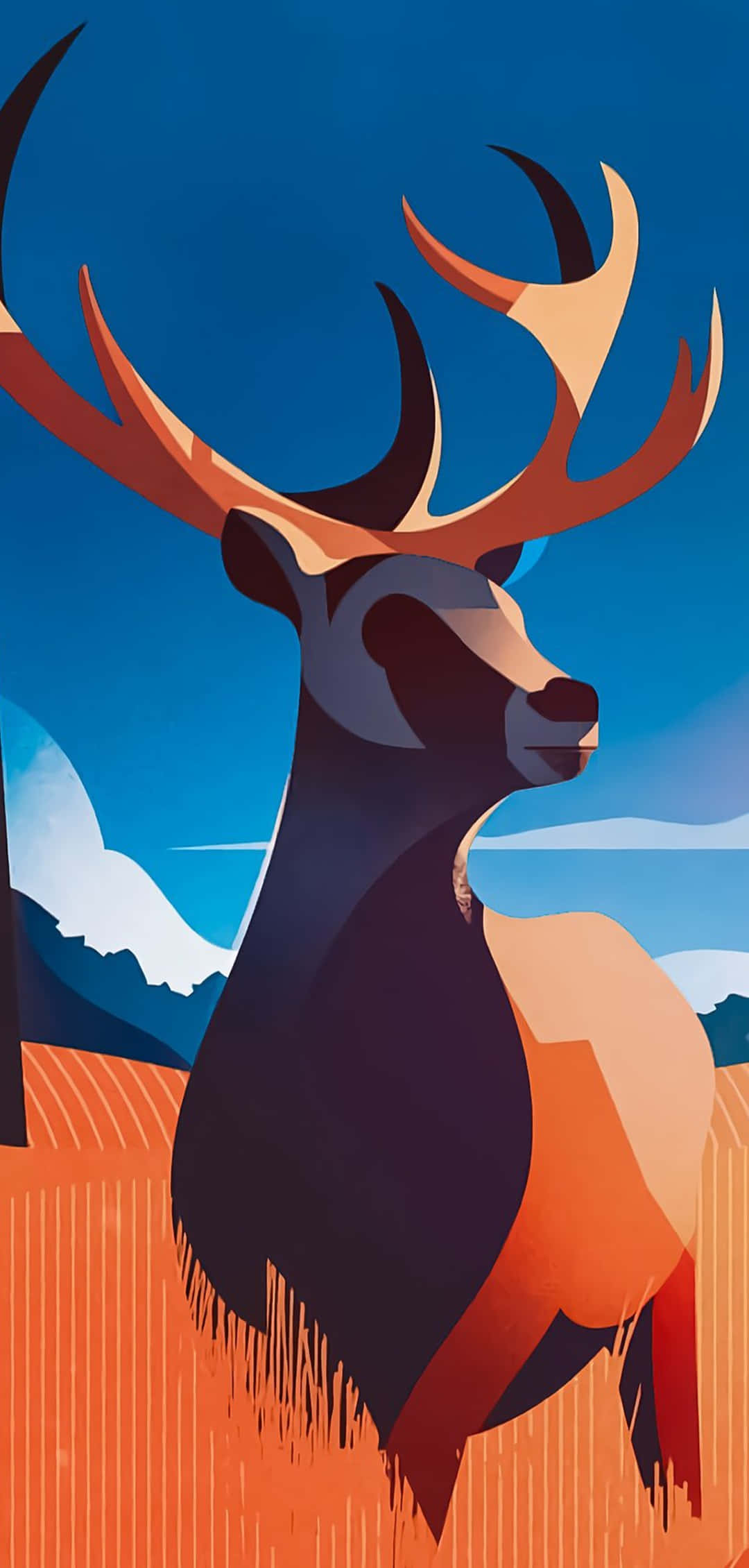 stylized deer, massive antlers, vibrant blue sky, Full HD Phone Wallpaper