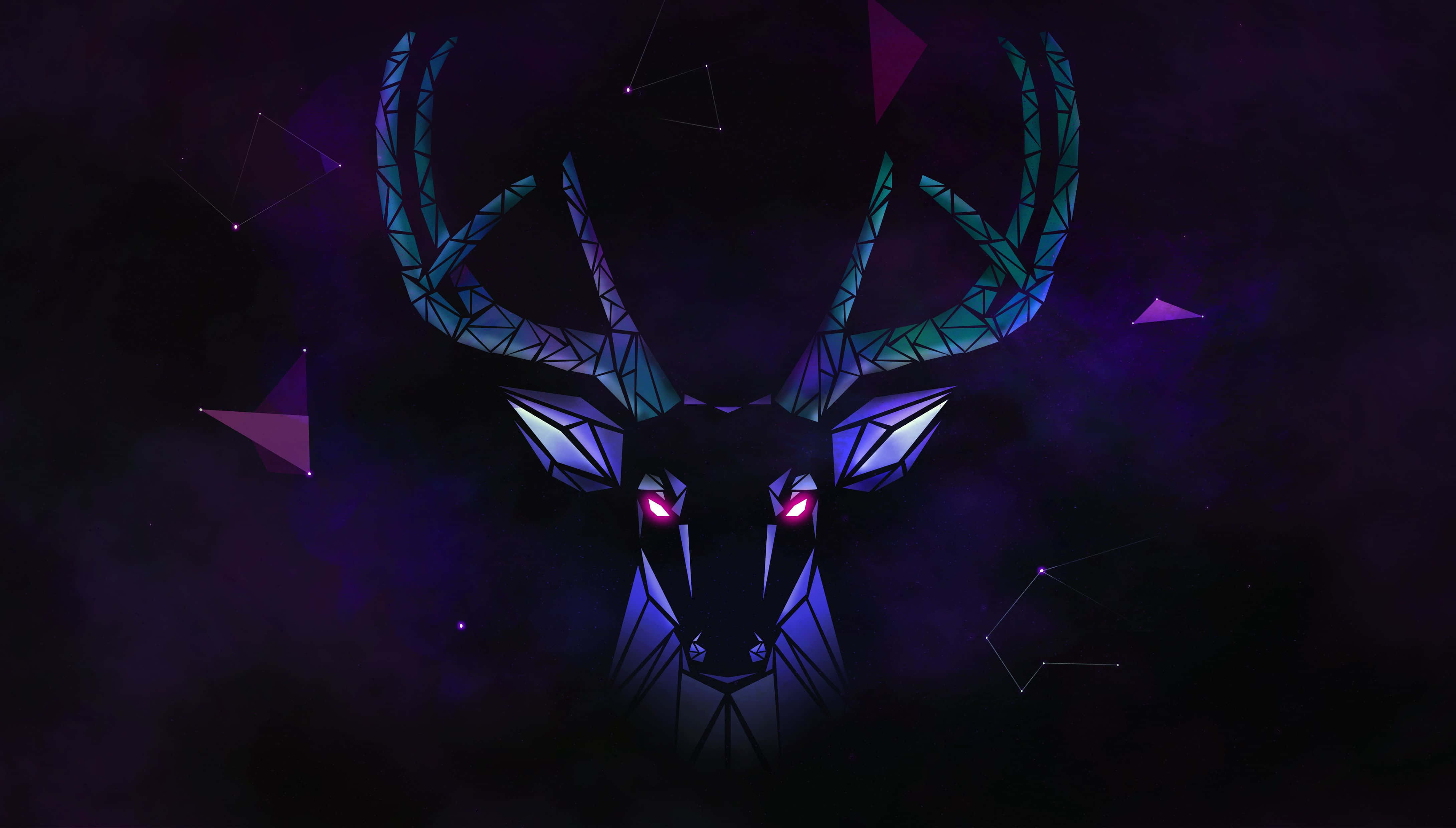 cool deer, geometric deer head, glowing pink eyes, 4K Desktop Wallpaper