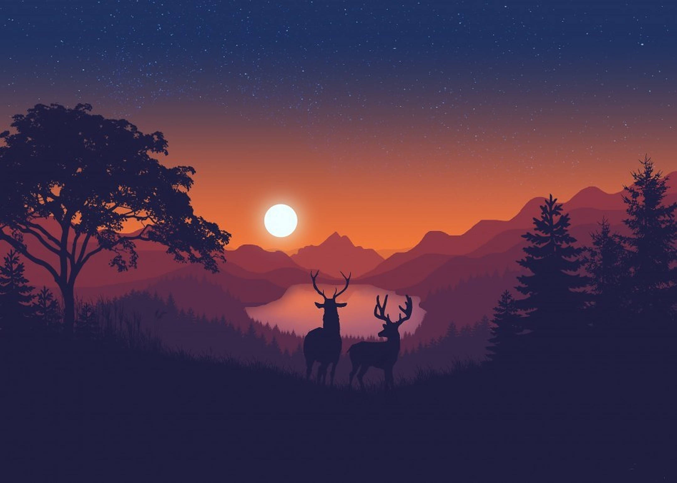 deer, forest, sunset sky, Full HD Desktop Wallpaper