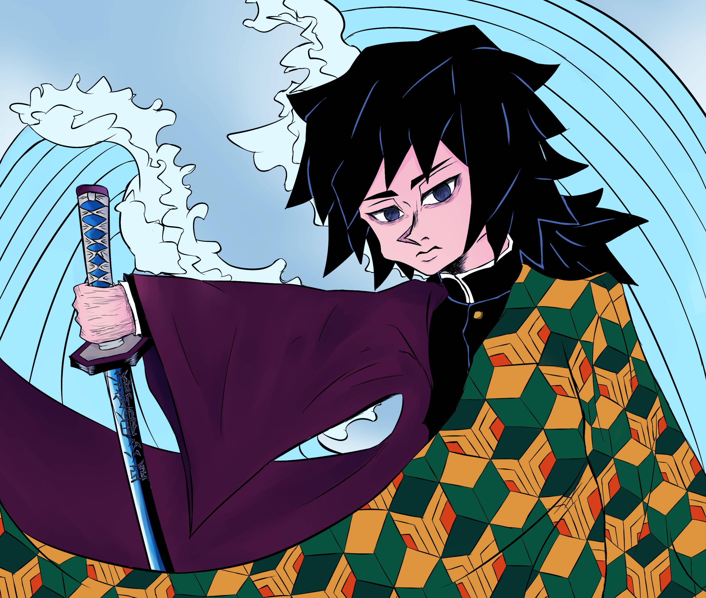 Cool Demon Slayer, anime warrior, black hair, 2K Desktop Wallpaper