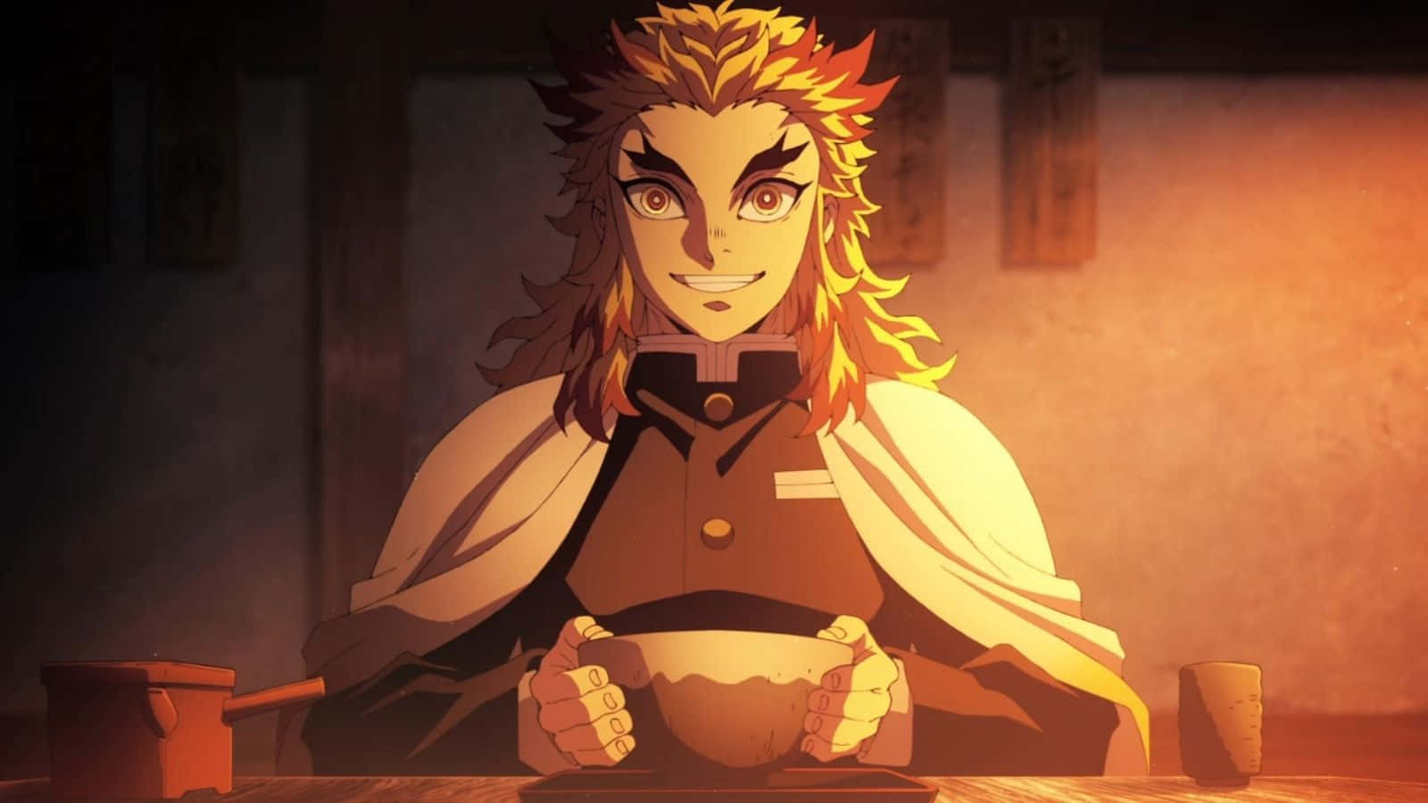 Demon Slayer, fiery-haired anime warrior, bowl, HD Desktop Wallpaper