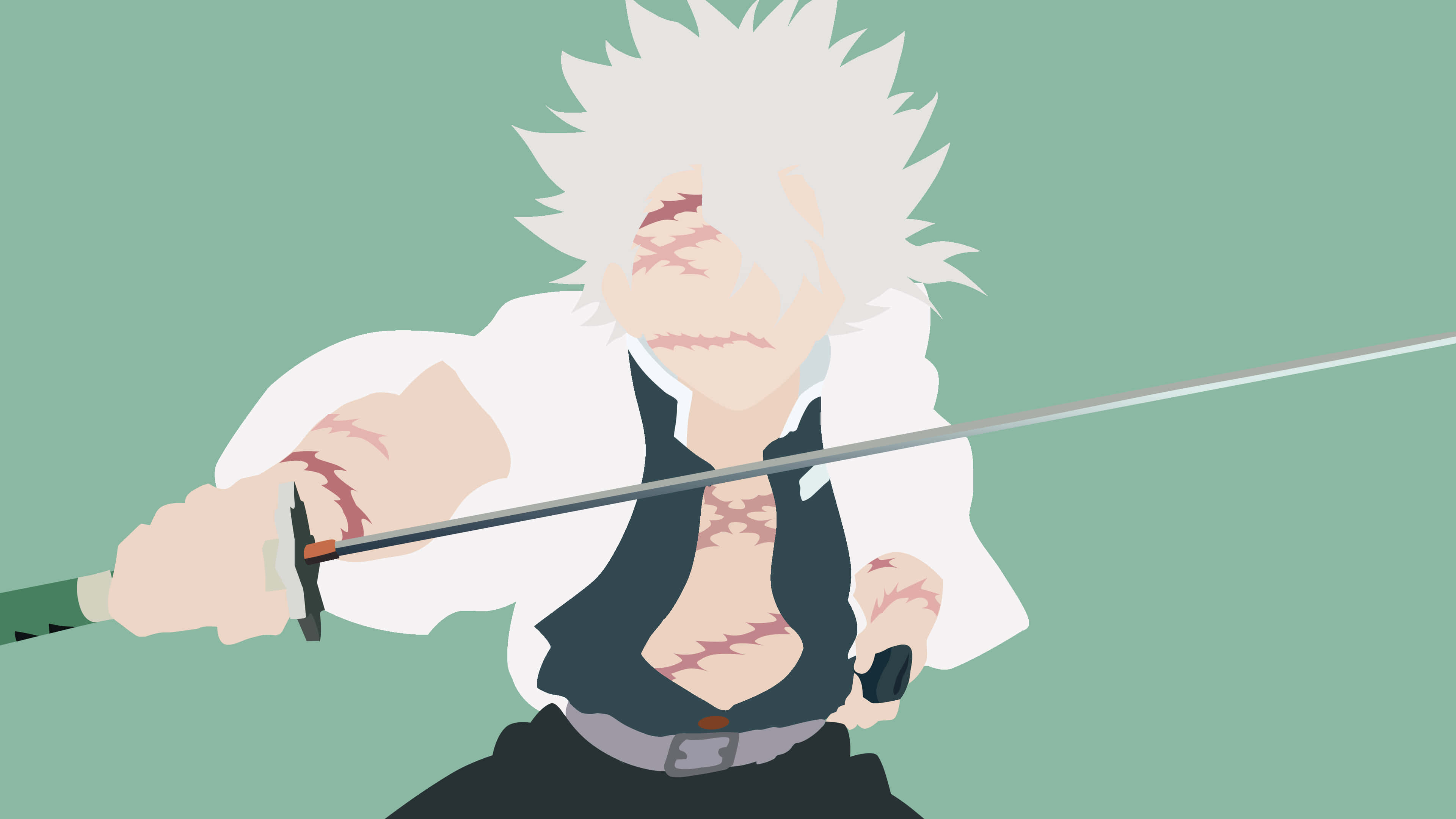 Demon Slayer, spiky white hair, stitched wounds, 4K Desktop Wallpaper