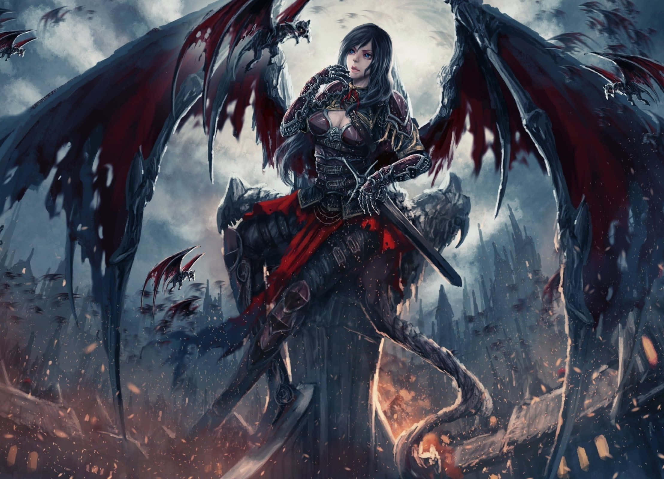 Cool Demon, dark-winged warrior, bloodied armor, Full HD Desktop Wallpaper