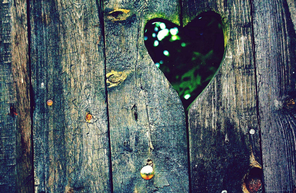 wooden fence, heart-shaped cutout, blurred green foliage, SD Desktop Wallpaper